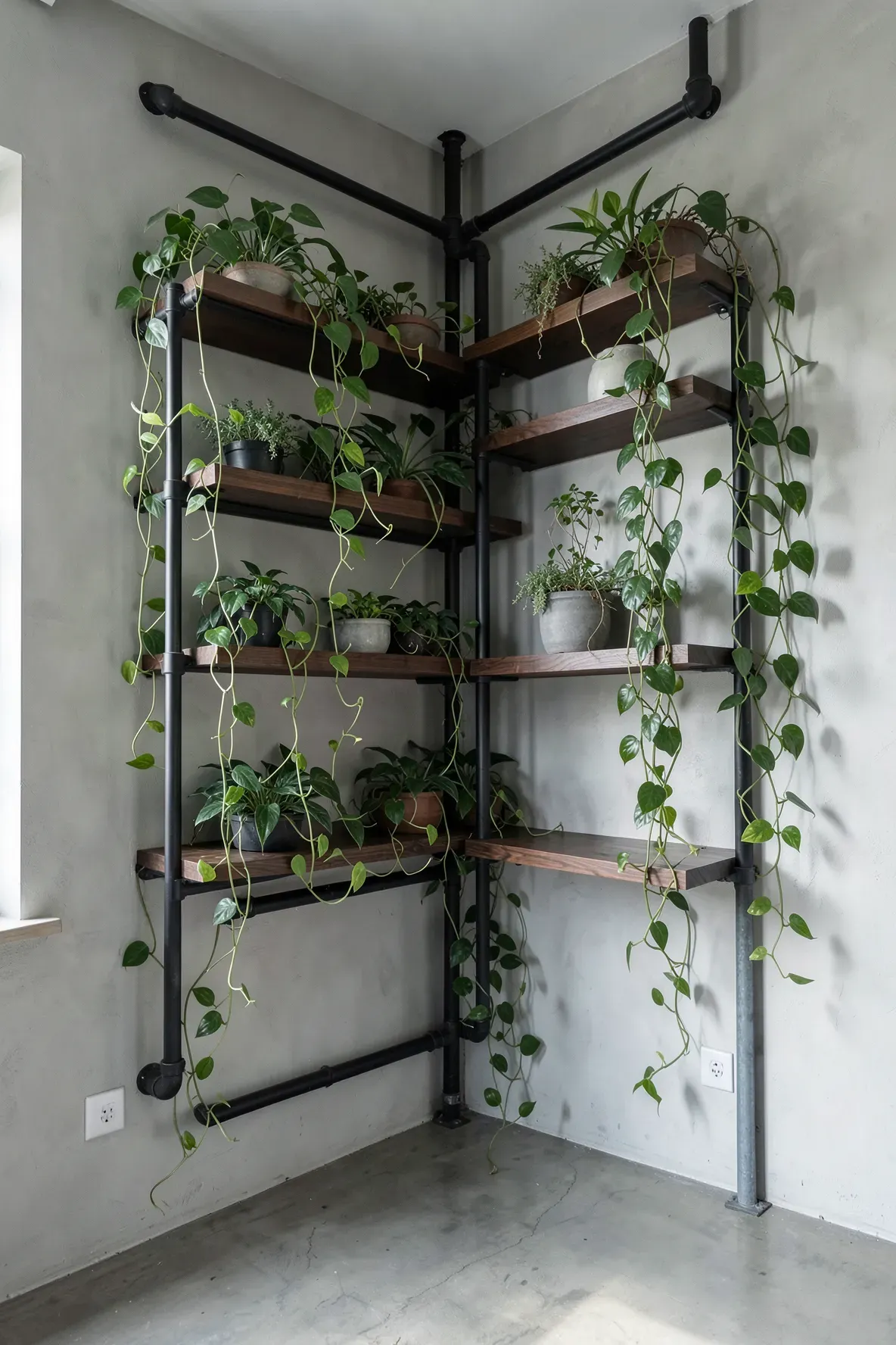 Industrial black pipe shelves with dark wood planks holding cascading green vines in a modern room.