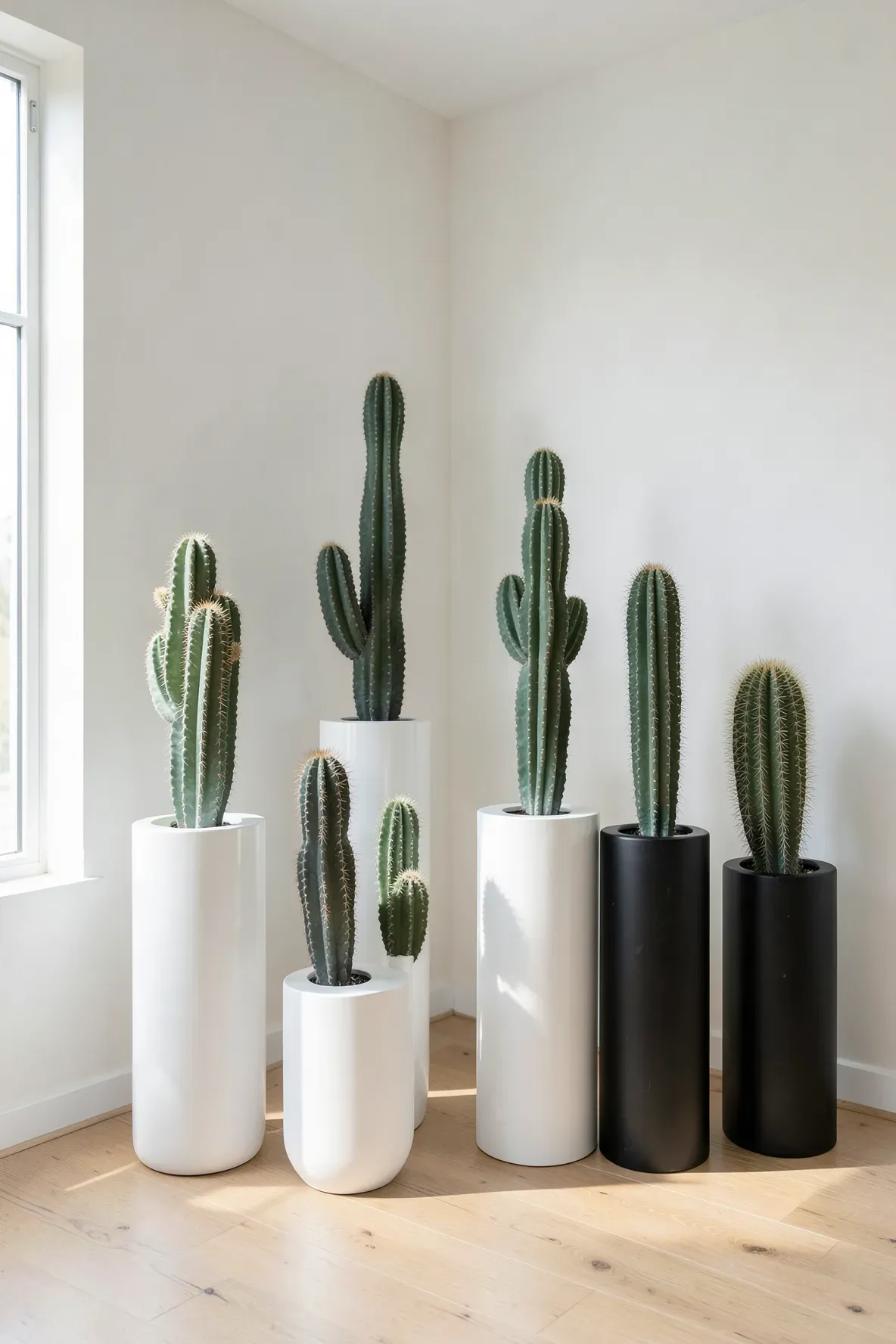 Minimalist cacti on white and black ceramic pedestals in a bright, sunlit room corner.