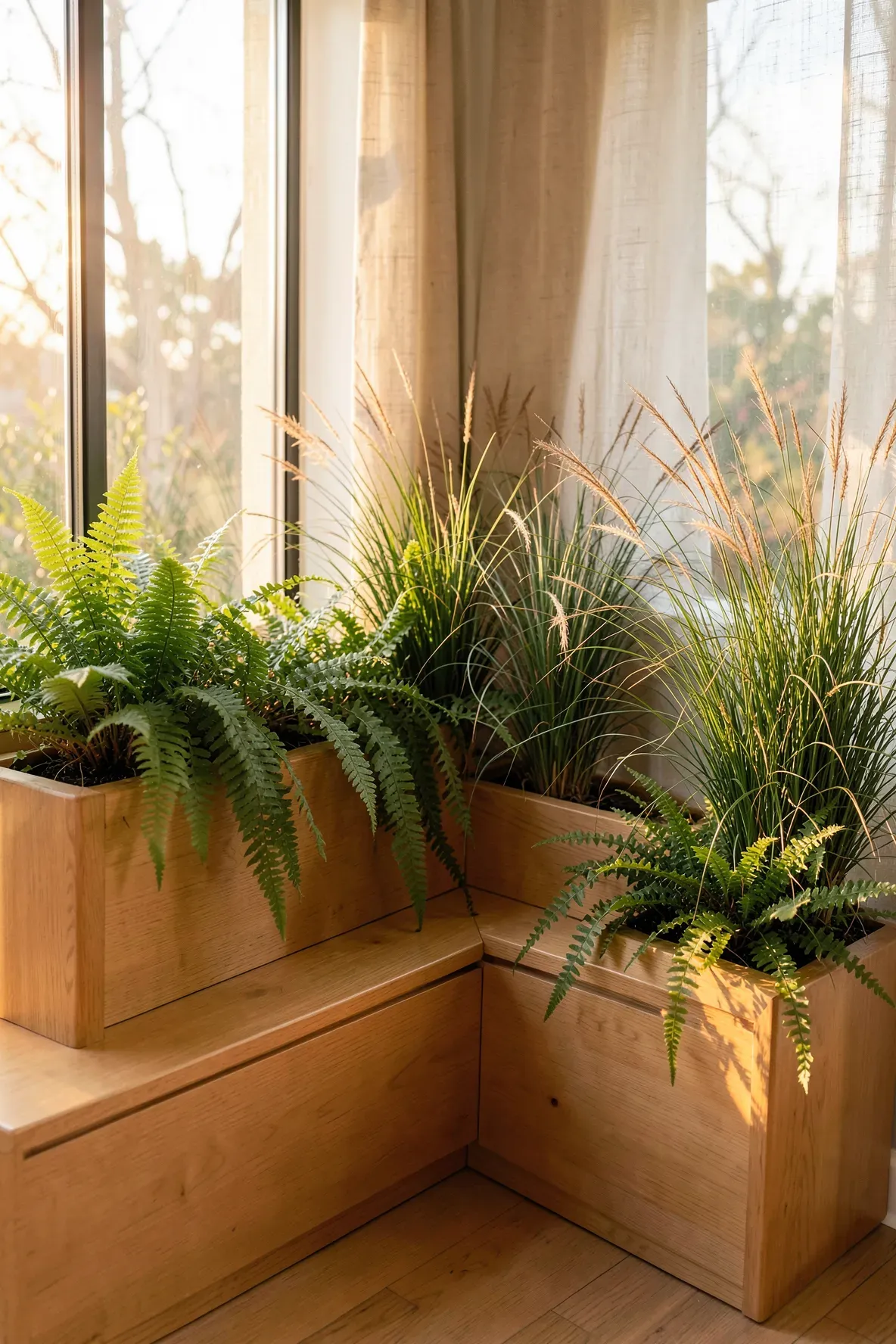 A wooden L-shaped corner bench with built-in planters overflowing with green ferns and grasses.