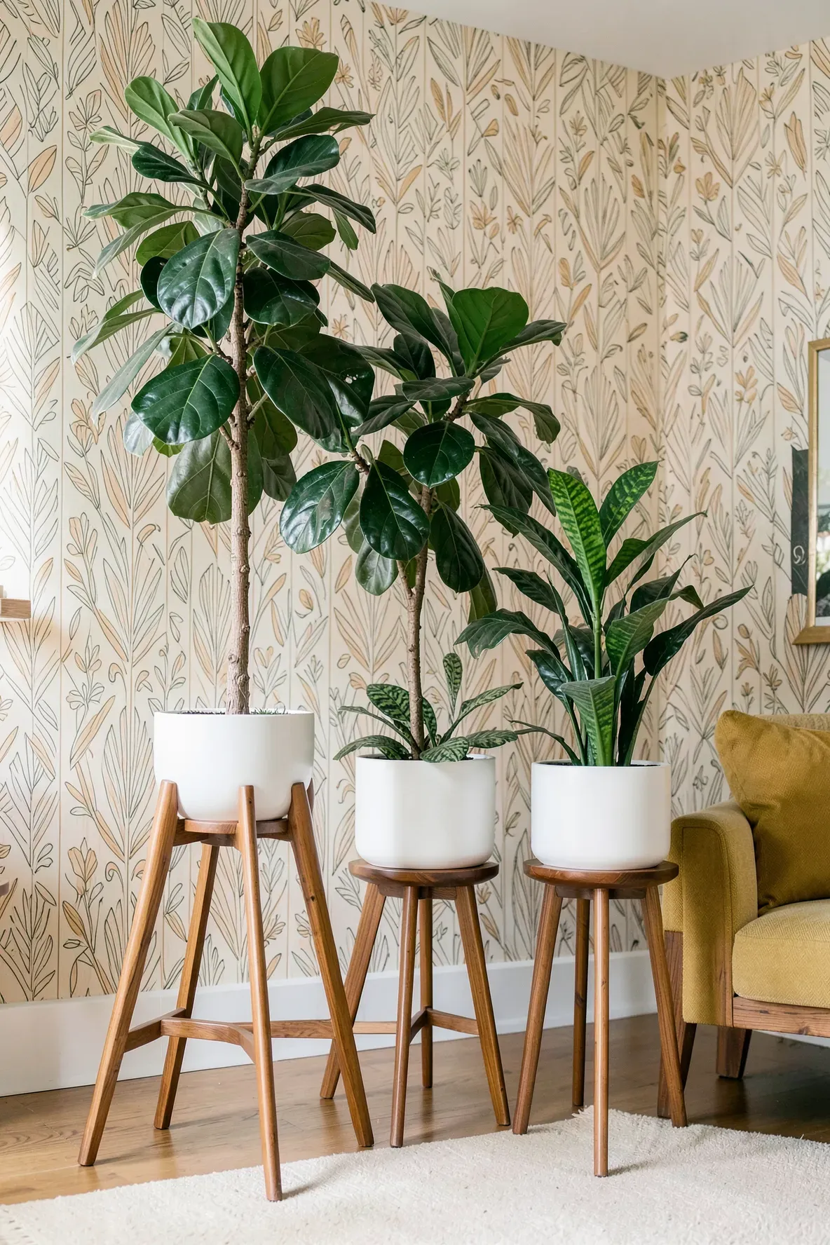 Mid-century modern wooden plant stands with tapered legs holding green plants in a stylish room.