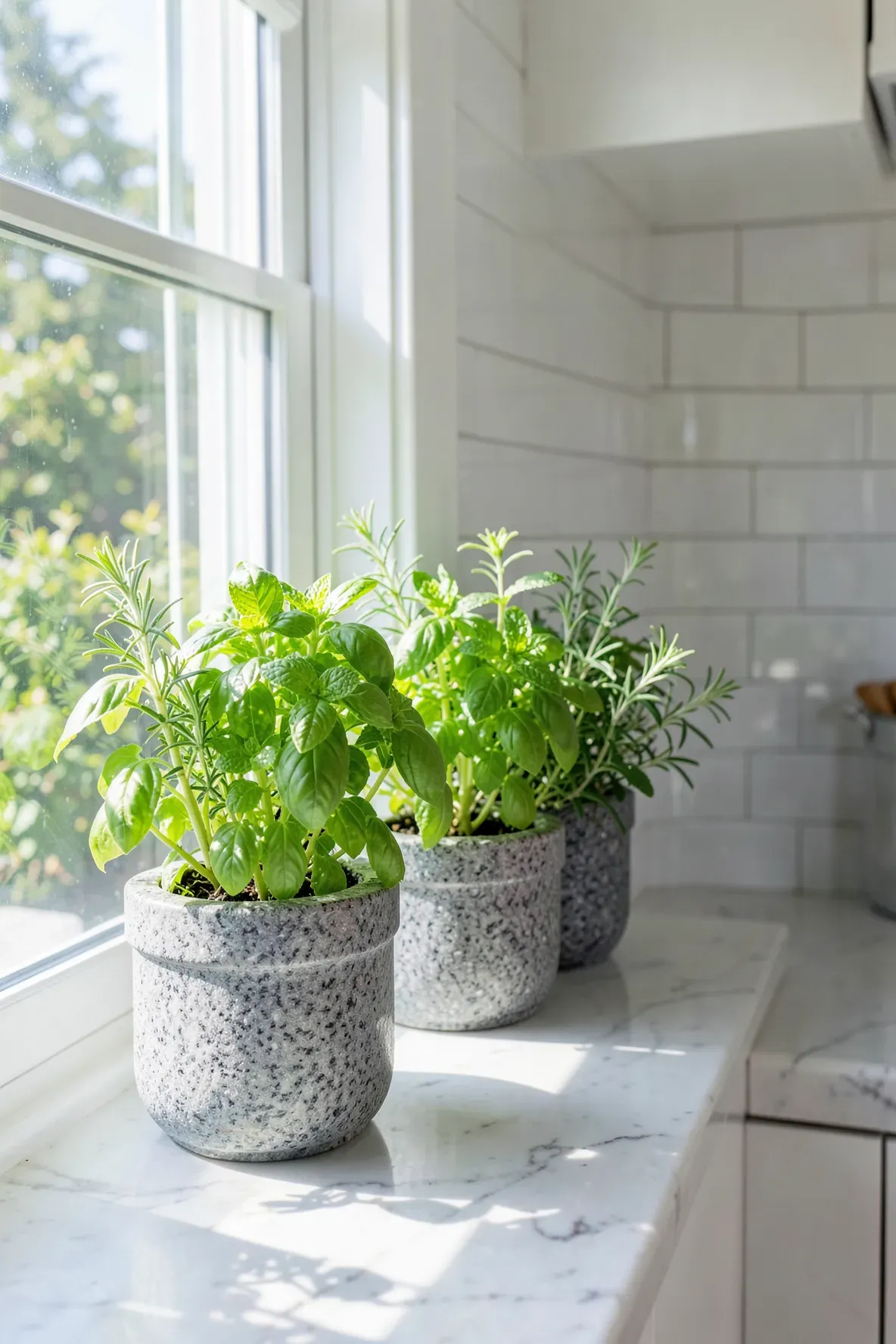 Fresh herbs in matching gray stone jars on a sunny white marble kitchen window sill.