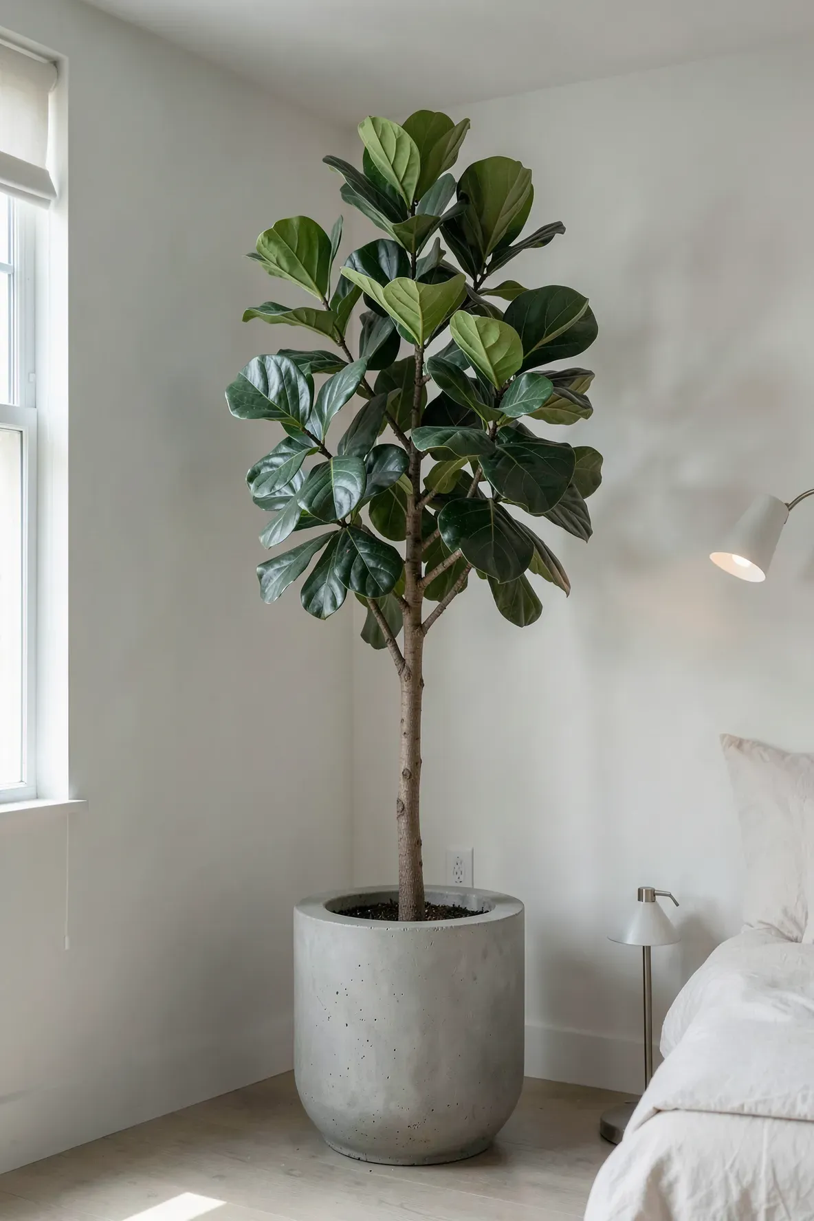 A tall Fiddle Leaf Fig tree in a large gray concrete pot in a minimalist bedroom corner.