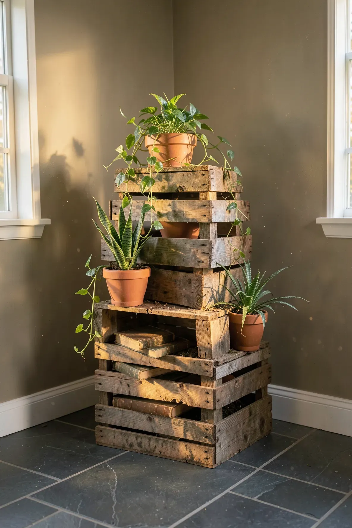 Stacked vintage wooden crates holding various potted plants in a sunlit rustic corner.