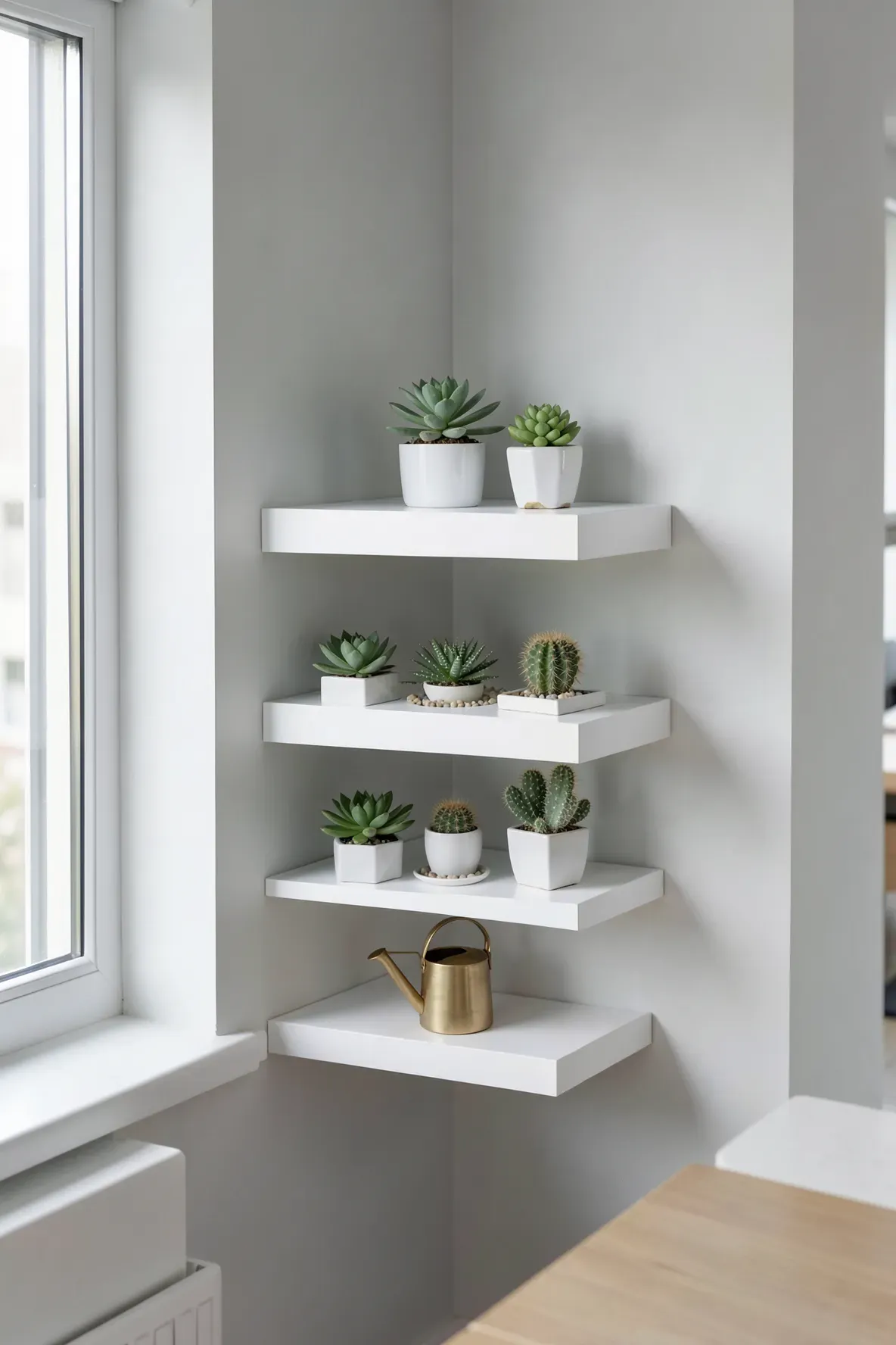 White floating corner shelves holding a variety of small succulents in a minimalist room.