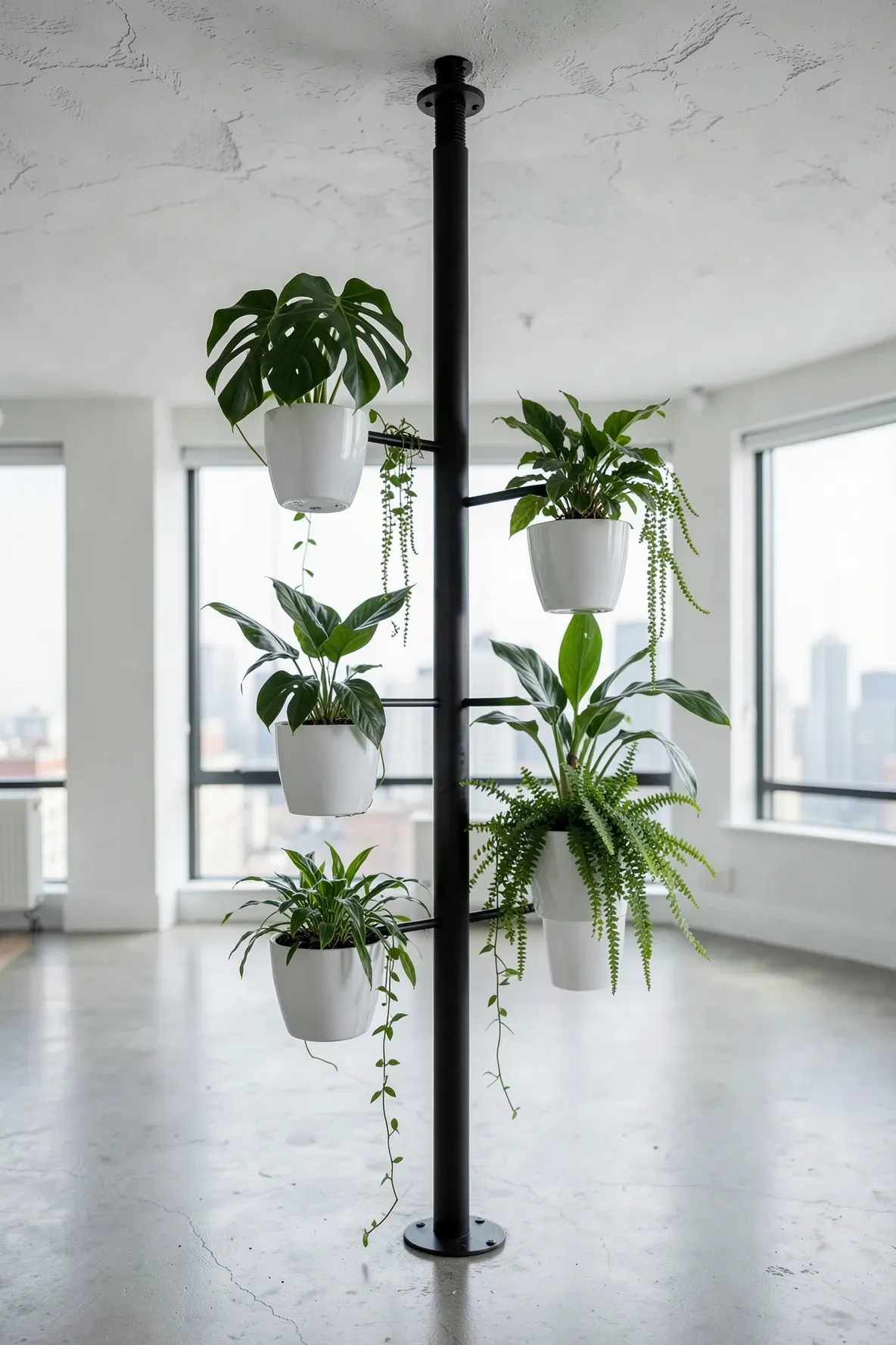 A black tension pole plant stand holding multiple green plants in a modern apartment.