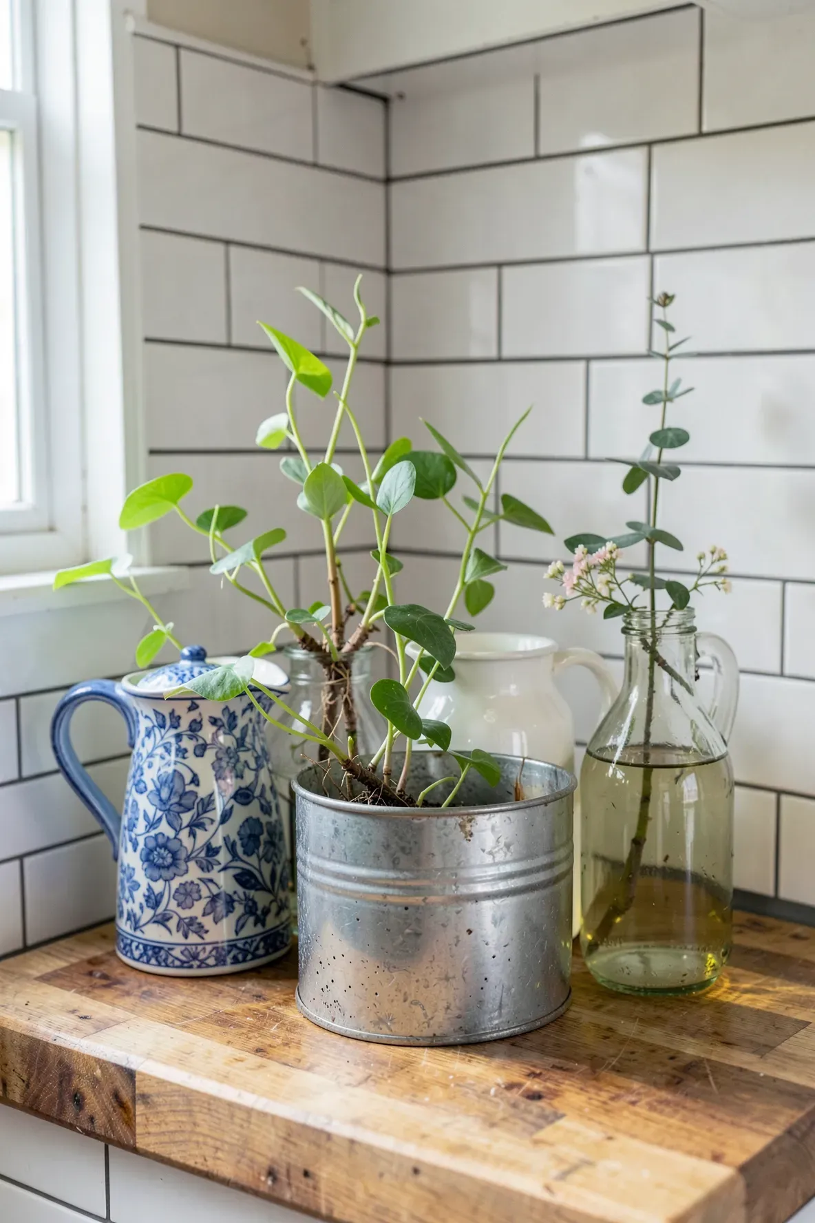 Mismatched vintage pitchers and metal cans used as plant vases on a wooden counter.
