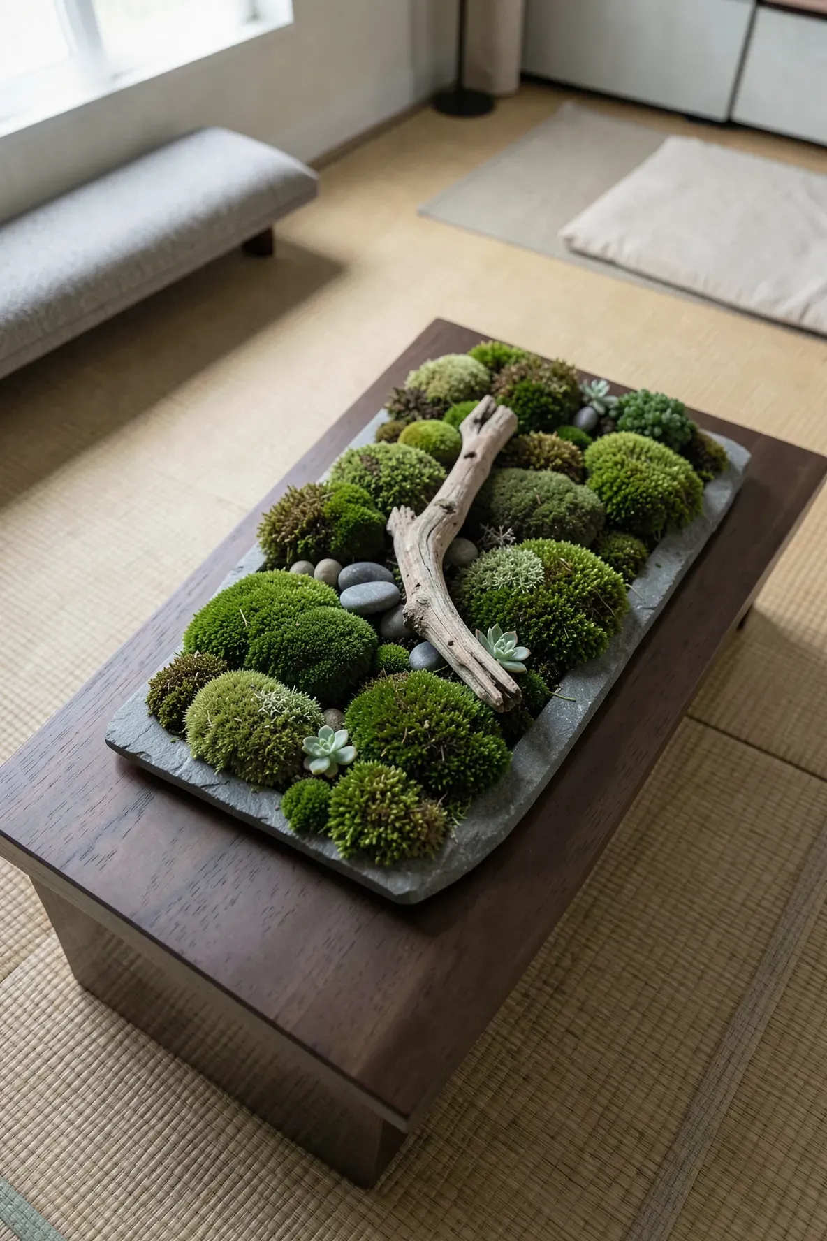 A low walnut coffee table featuring a lush, green moss garden with stones and driftwood.