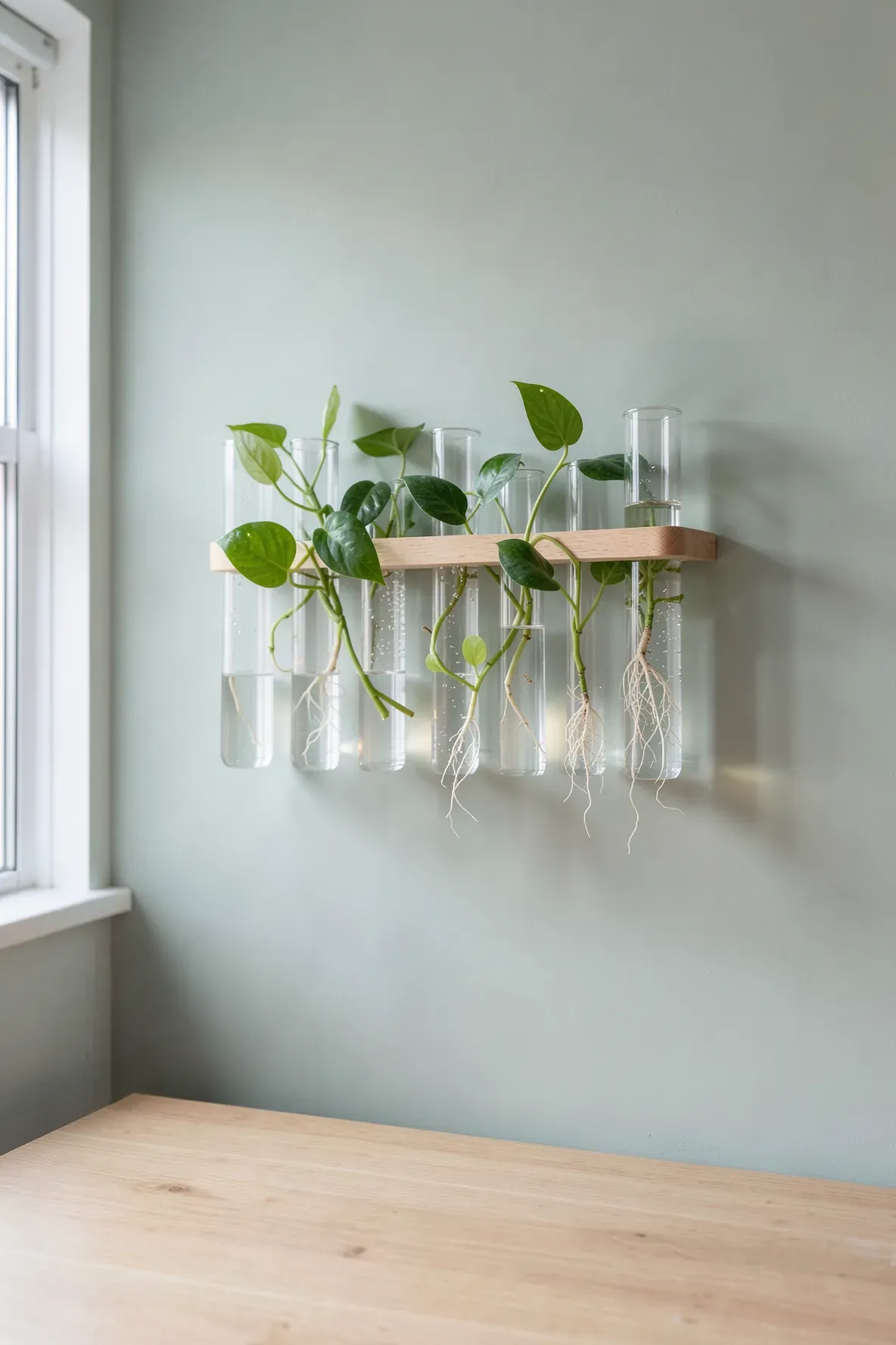 A wooden wall rack holding glass tubes with plant cuttings and visible roots in a modern room.