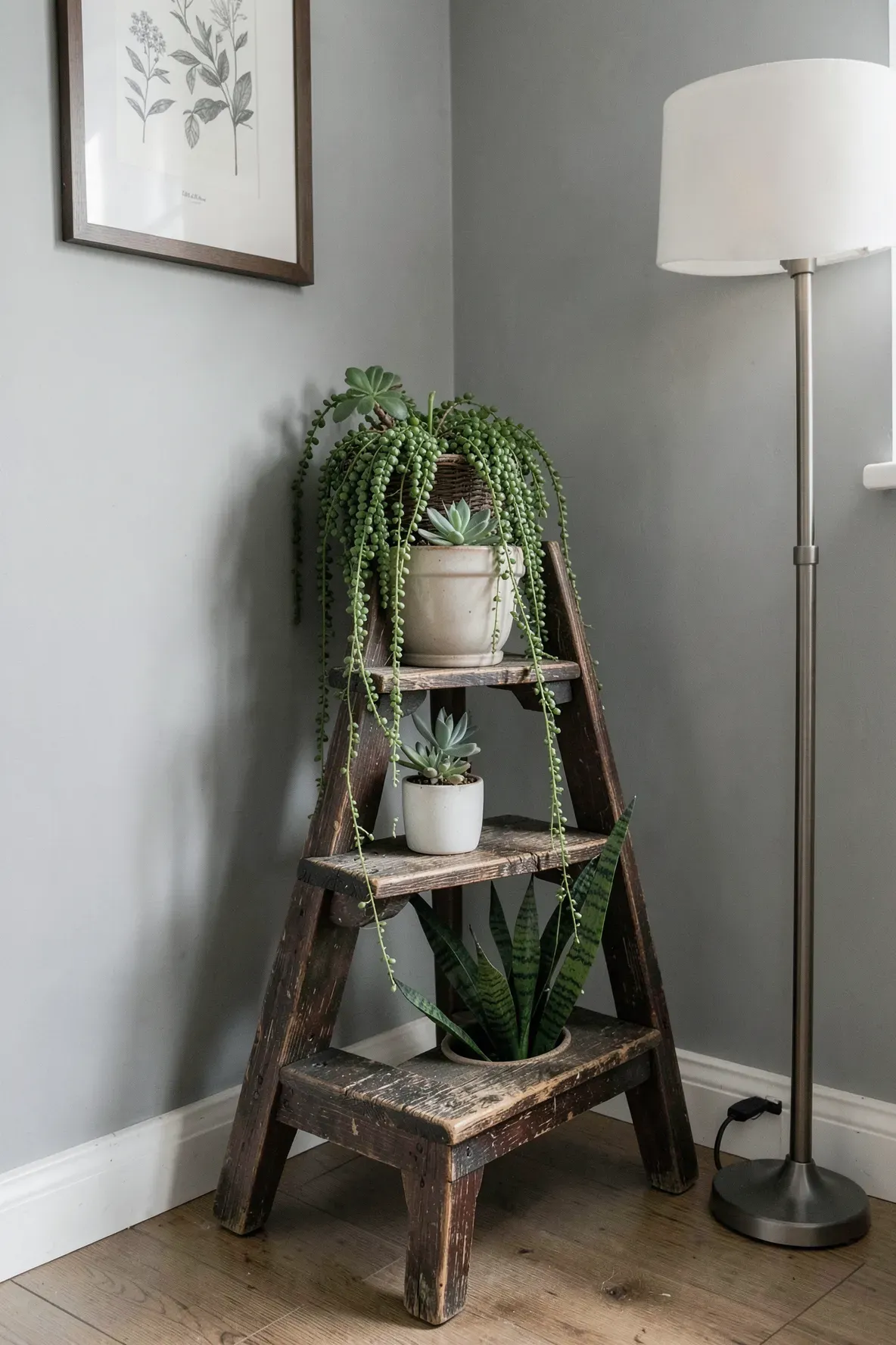 An antique wooden step stool used as a tiered stand for various indoor plants in a corner.
