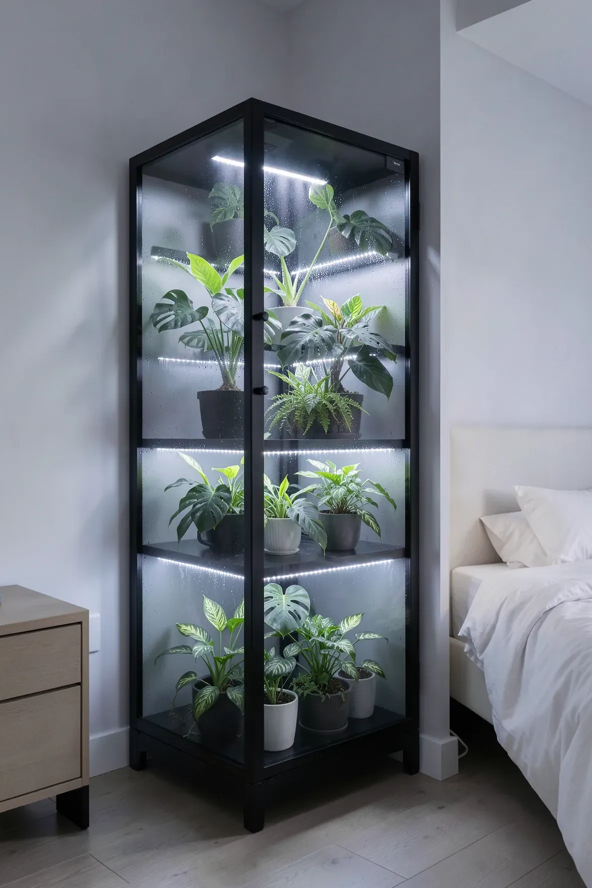A black glass cabinet with internal grow lights housing tropical plants in a bedroom corner.