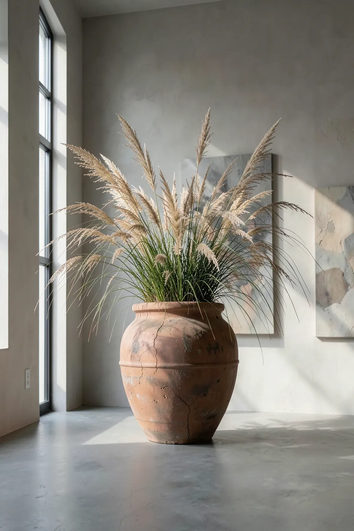 A large, textured clay urn with tall ornamental grasses in a minimalist, high-ceilinged room.