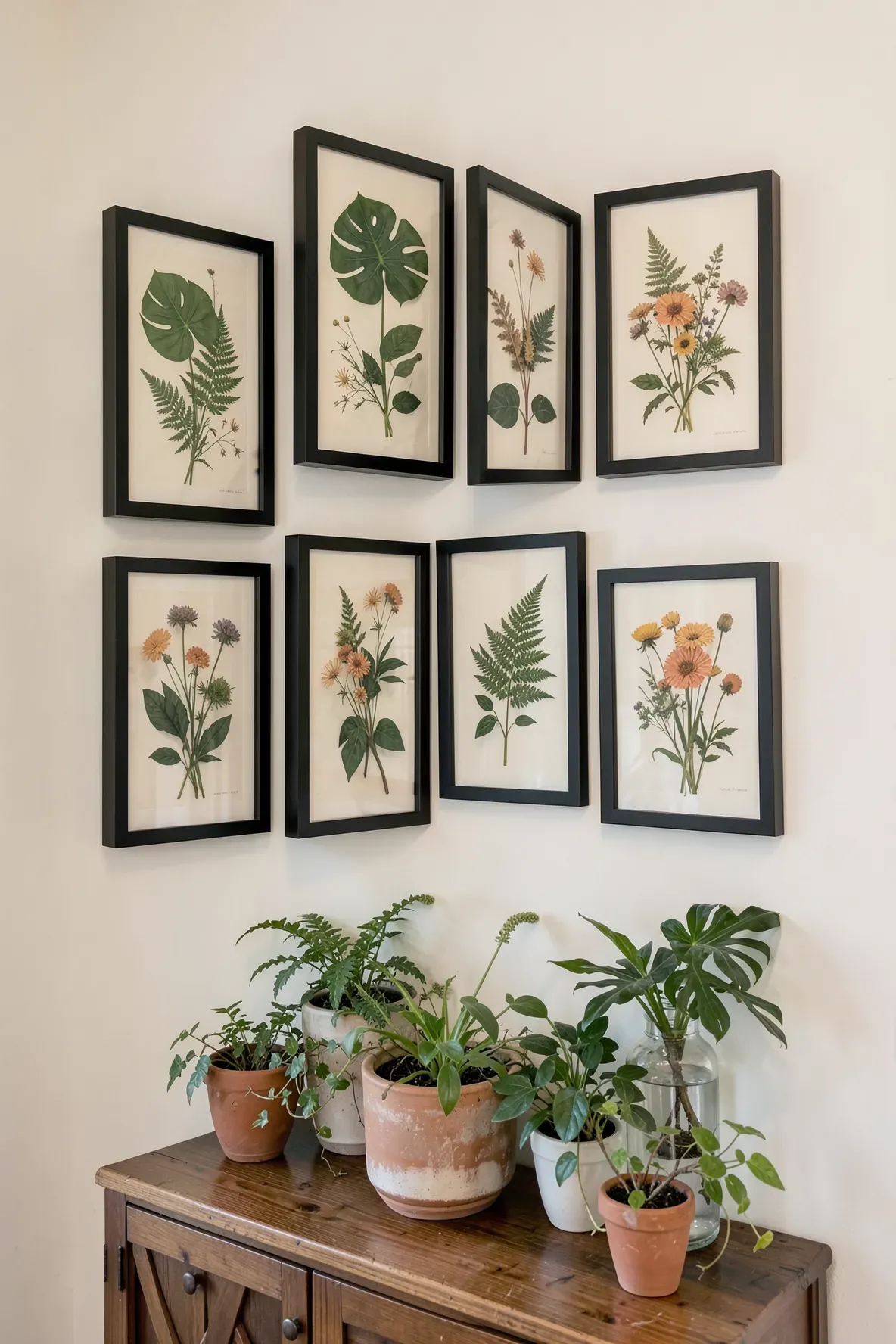 A wall decorated with shadow box frames of pressed leaves above a table with live plants.