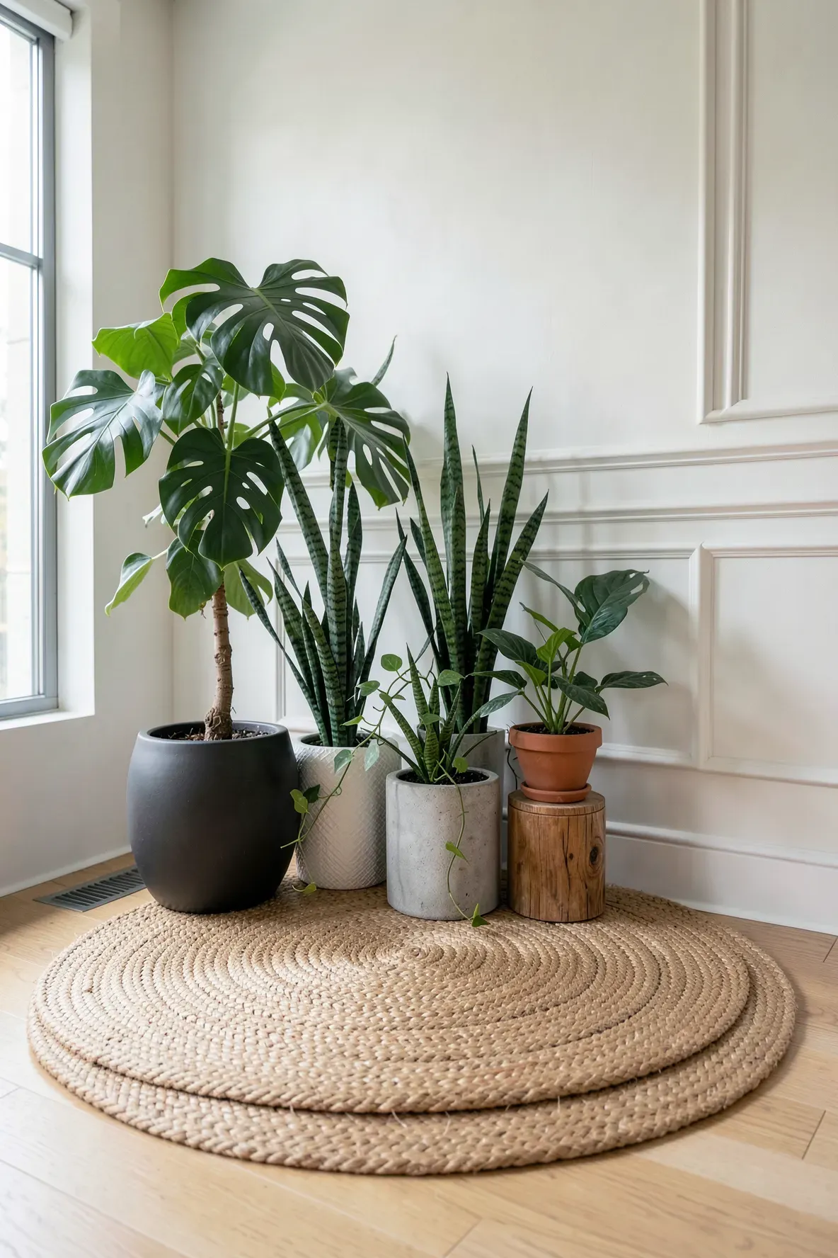 A circular jute rug holding a variety of potted green plants in a bright, modern room corner.