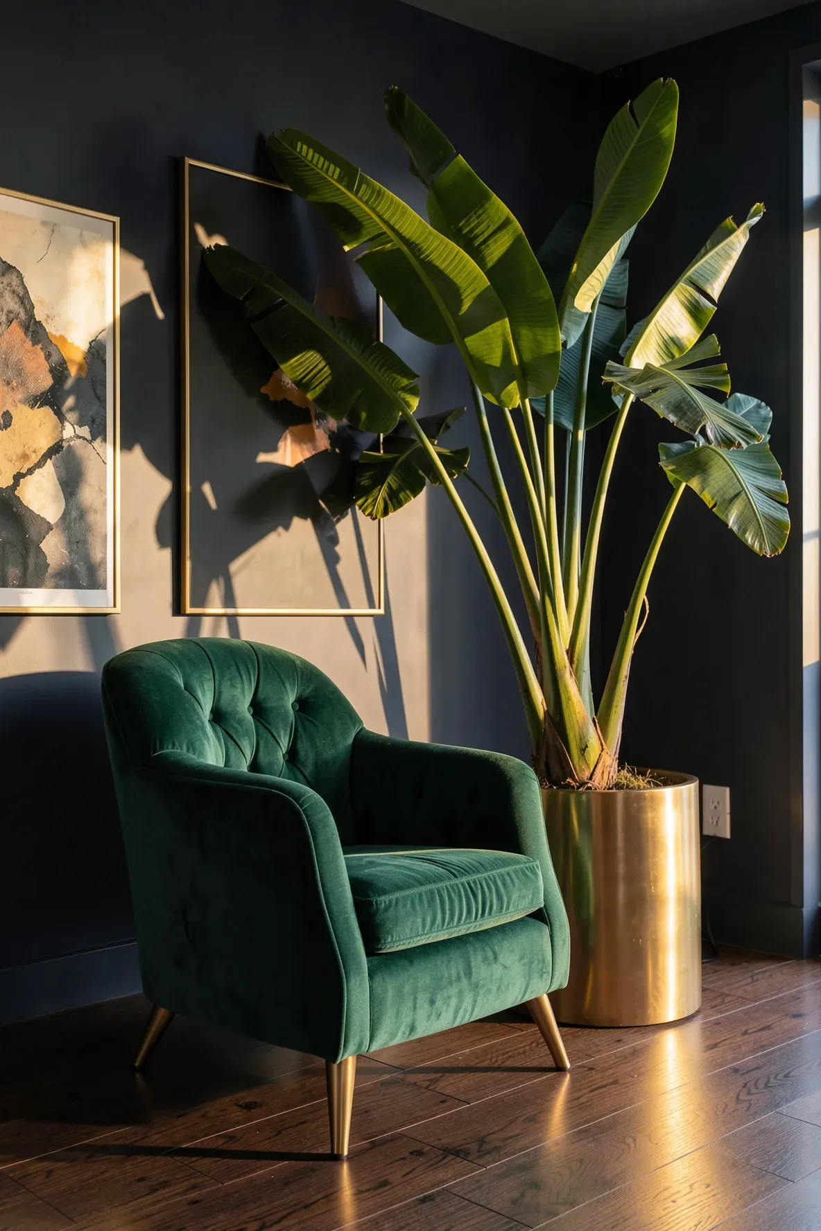 A tall Bird of Paradise plant with large leaves arching over a plush emerald velvet armchair.