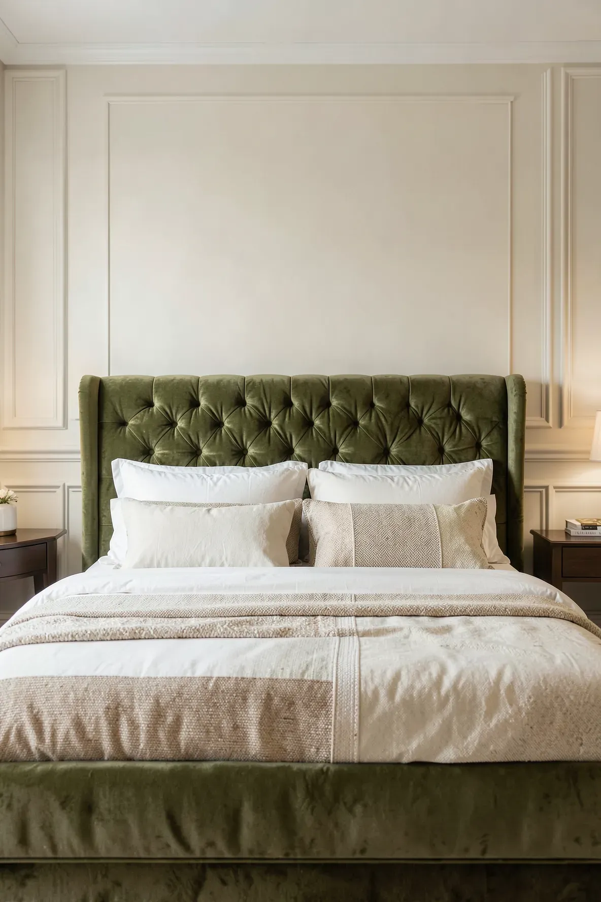 An olive green velvet headboard against cream walls in a luxury bedroom.