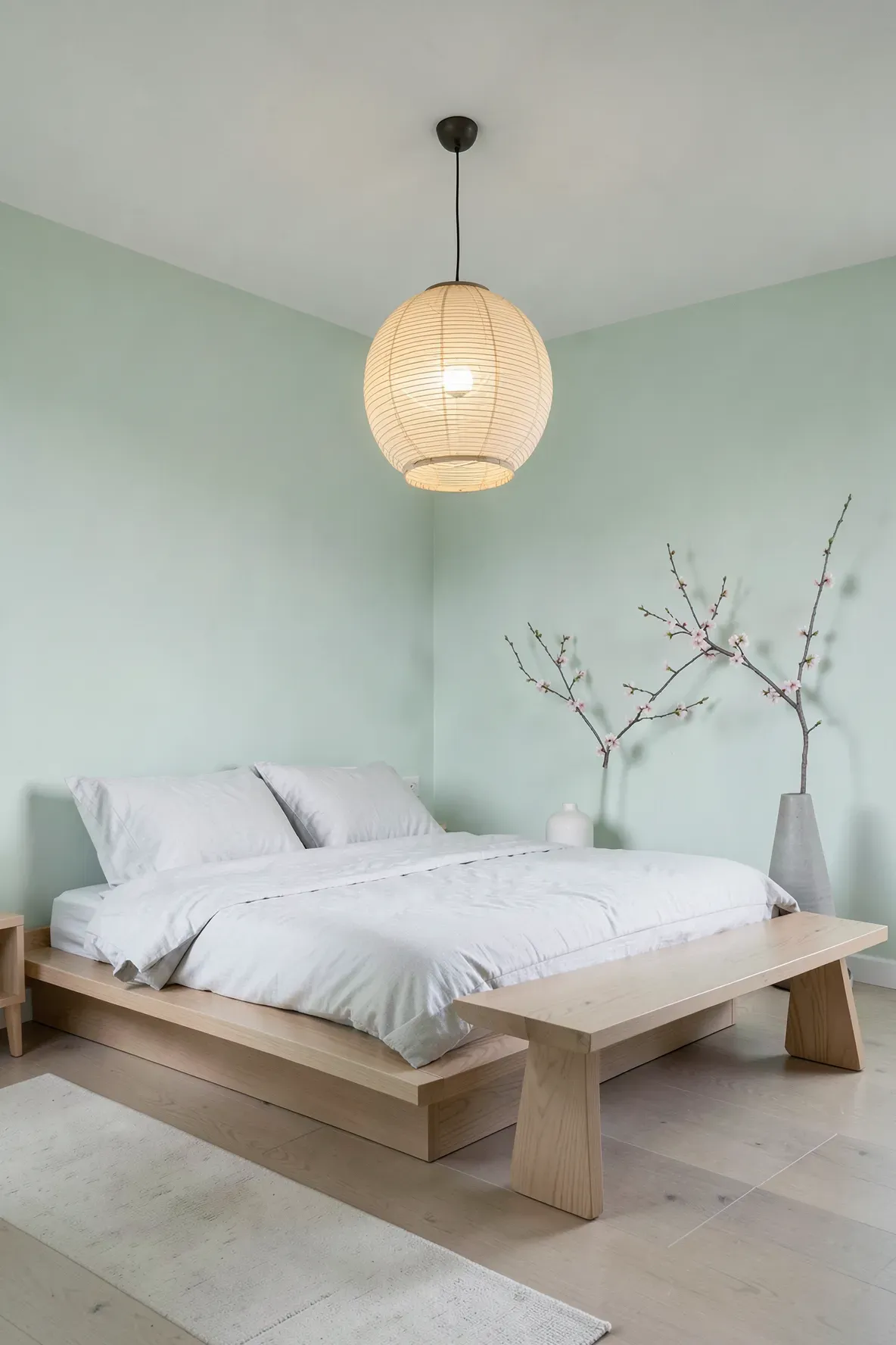 A Japandi style bedroom with muted mint walls and low wooden furniture.