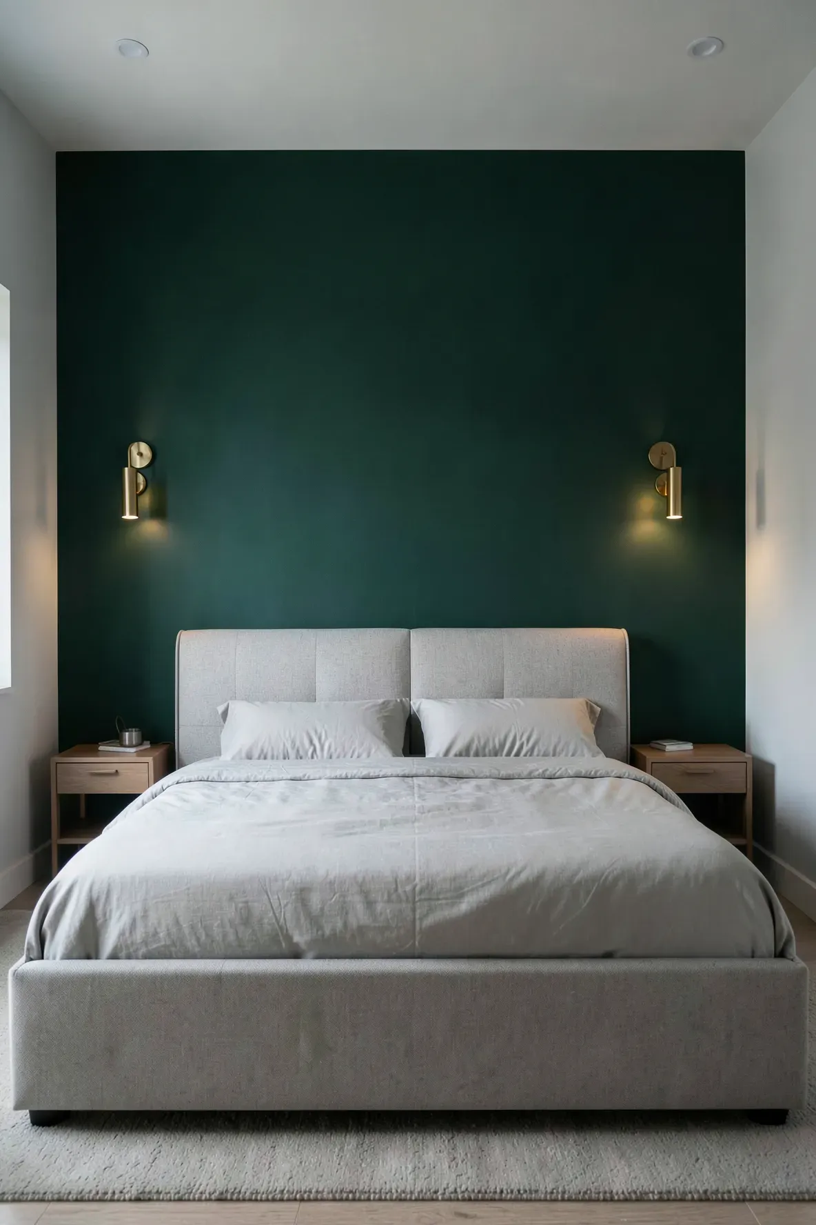 A dark emerald green accent wall behind a light grey upholstered bed.