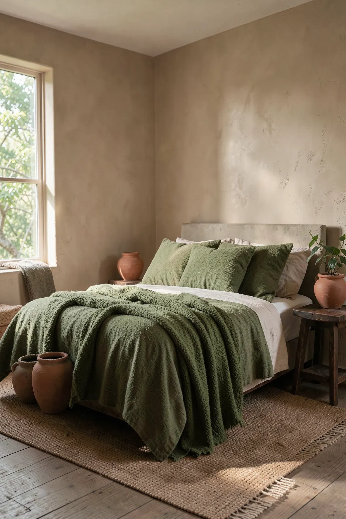 An earthy bedroom with moss green blankets and terracotta decor accents.