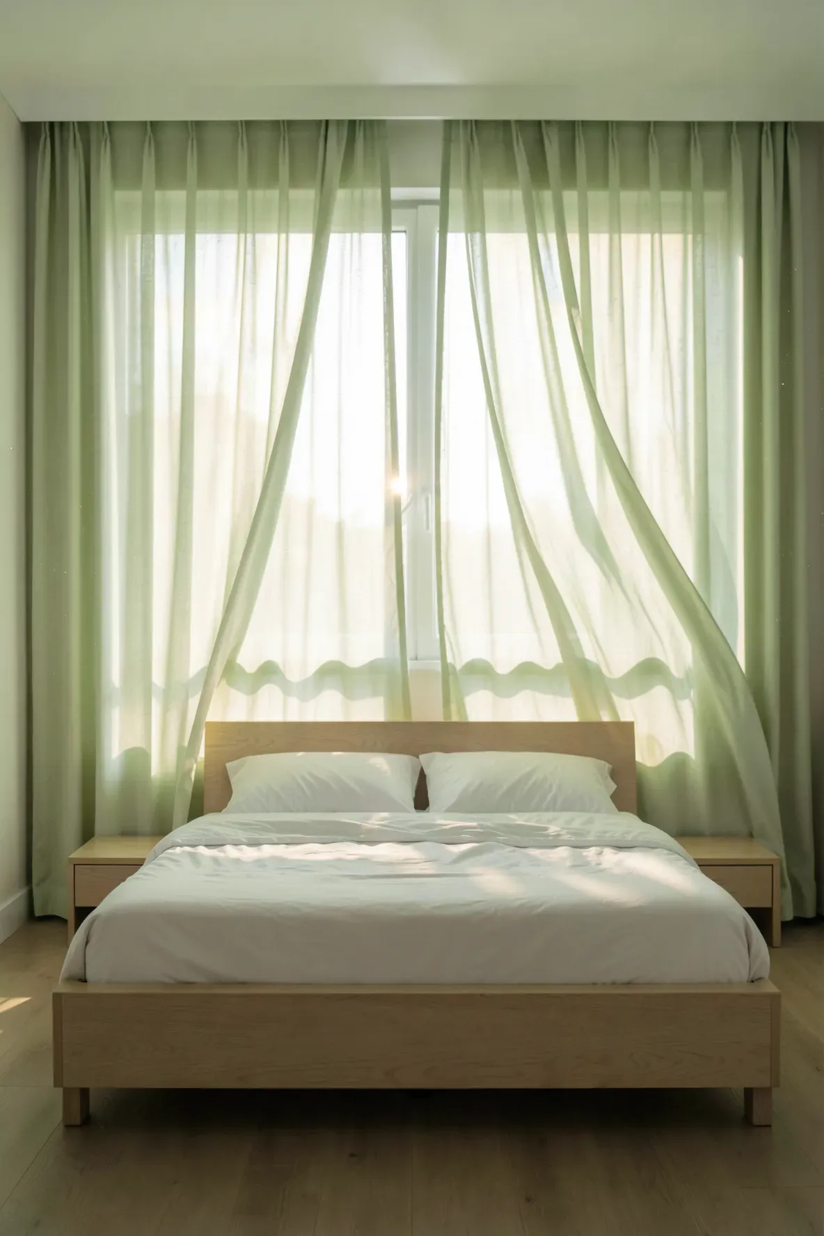 Pale pistachio curtains filtering soft green light into a bright, minimalist bedroom.