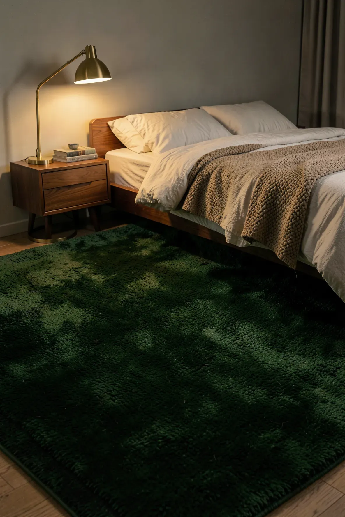 A cozy bedroom featuring a thick hunter green rug on hardwood floors under a walnut bed frame.