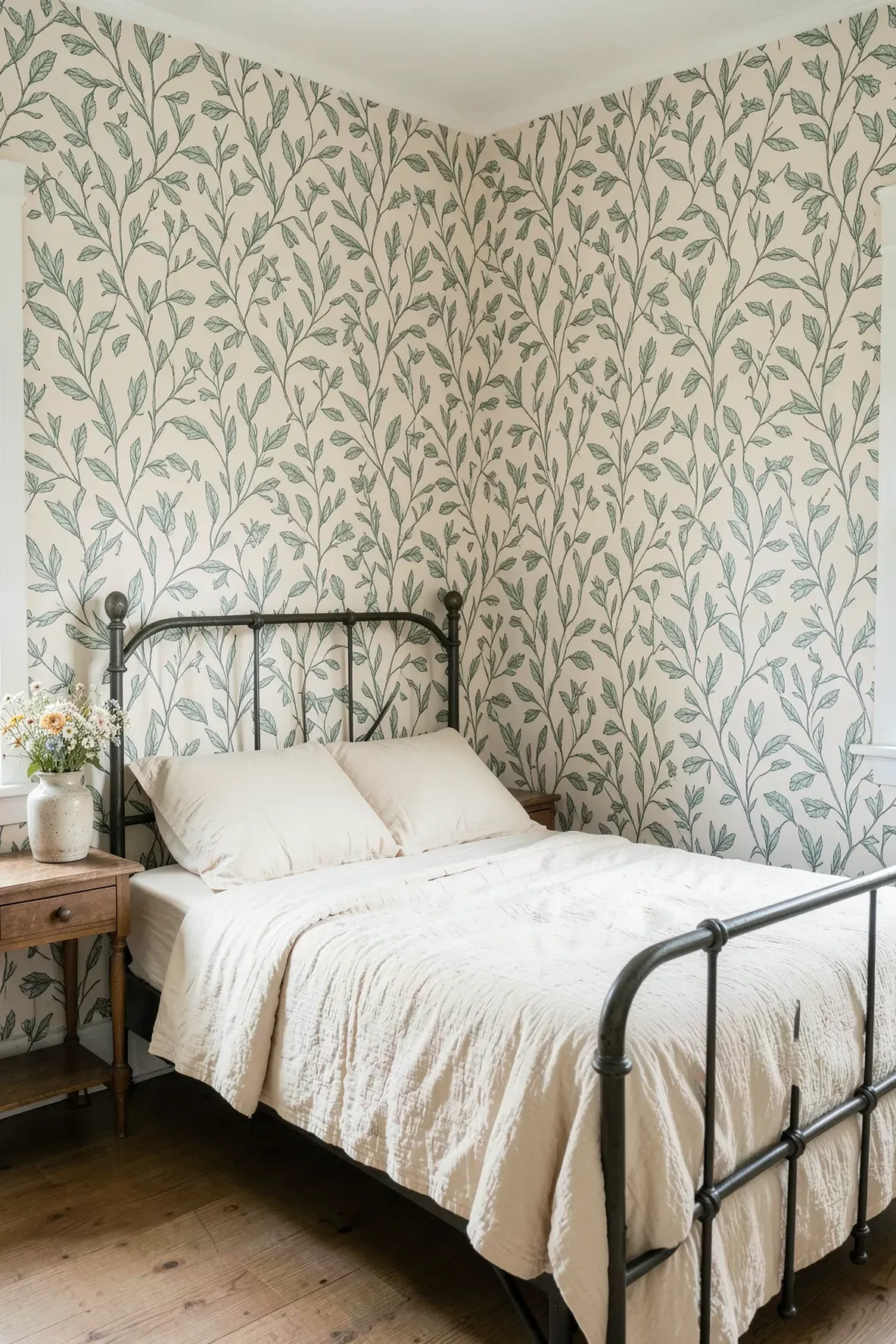A bedroom with botanical leaf wallpaper, a wrought iron bed, and a serene cottage aesthetic.