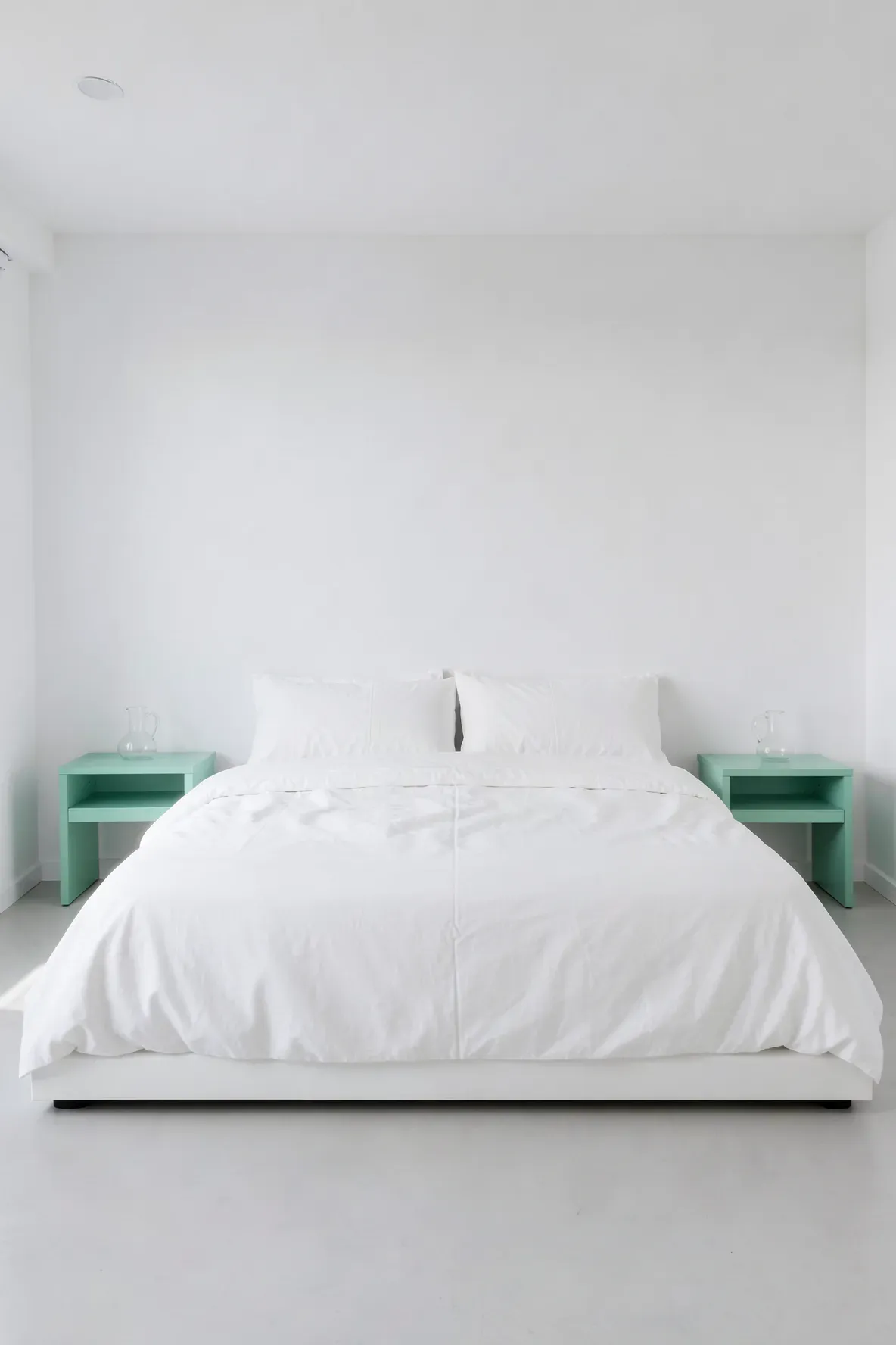 Minimalist white bedroom featuring two seafoam green nightstands as a refreshing pop of color.