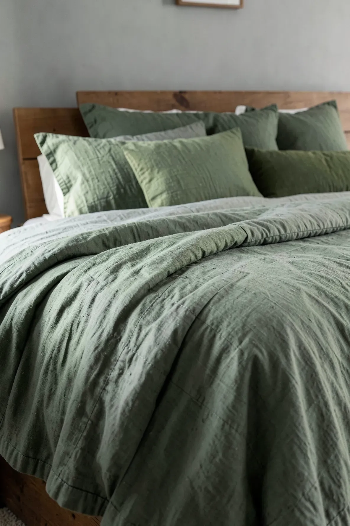 A cozy bed with layered linen quilts in forest and sage green, showing rich fabric textures.