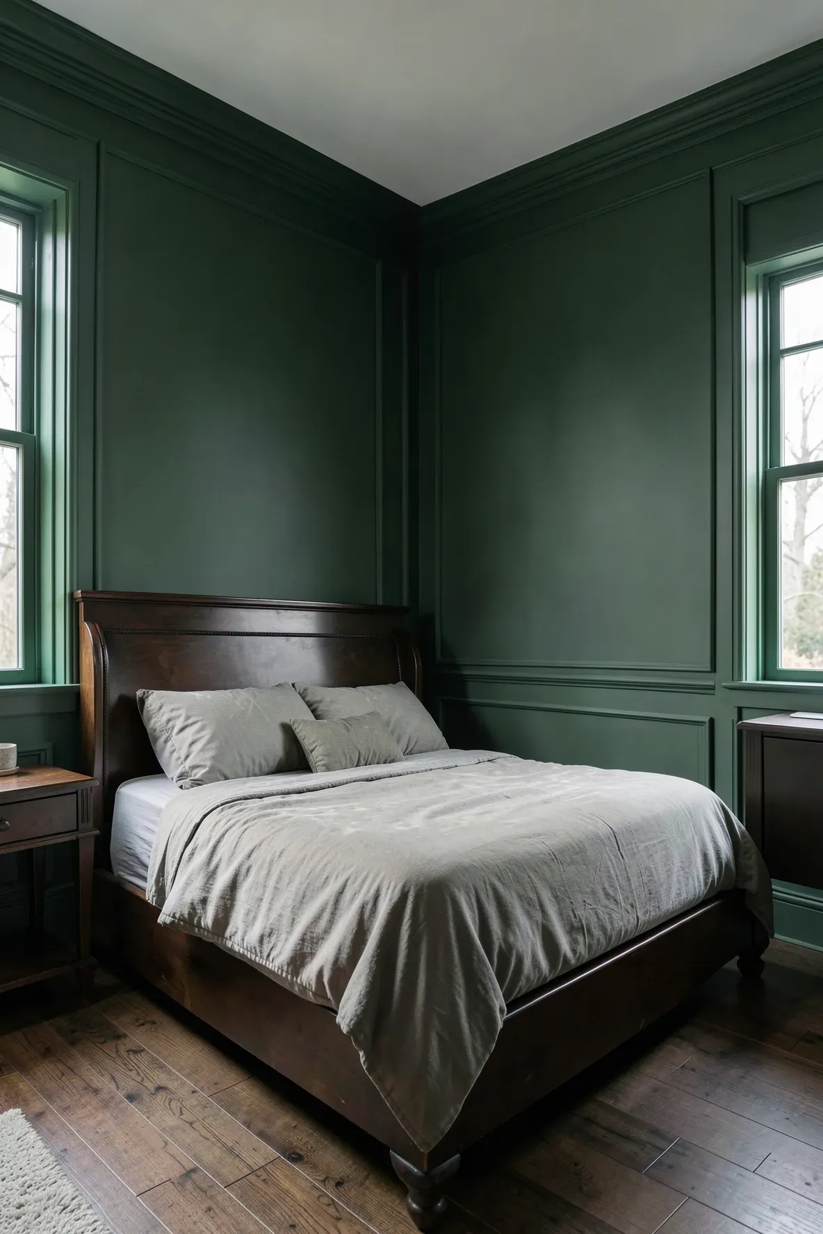 A sophisticated bedroom with matte pine green walls and matching painted window trim and baseboards.