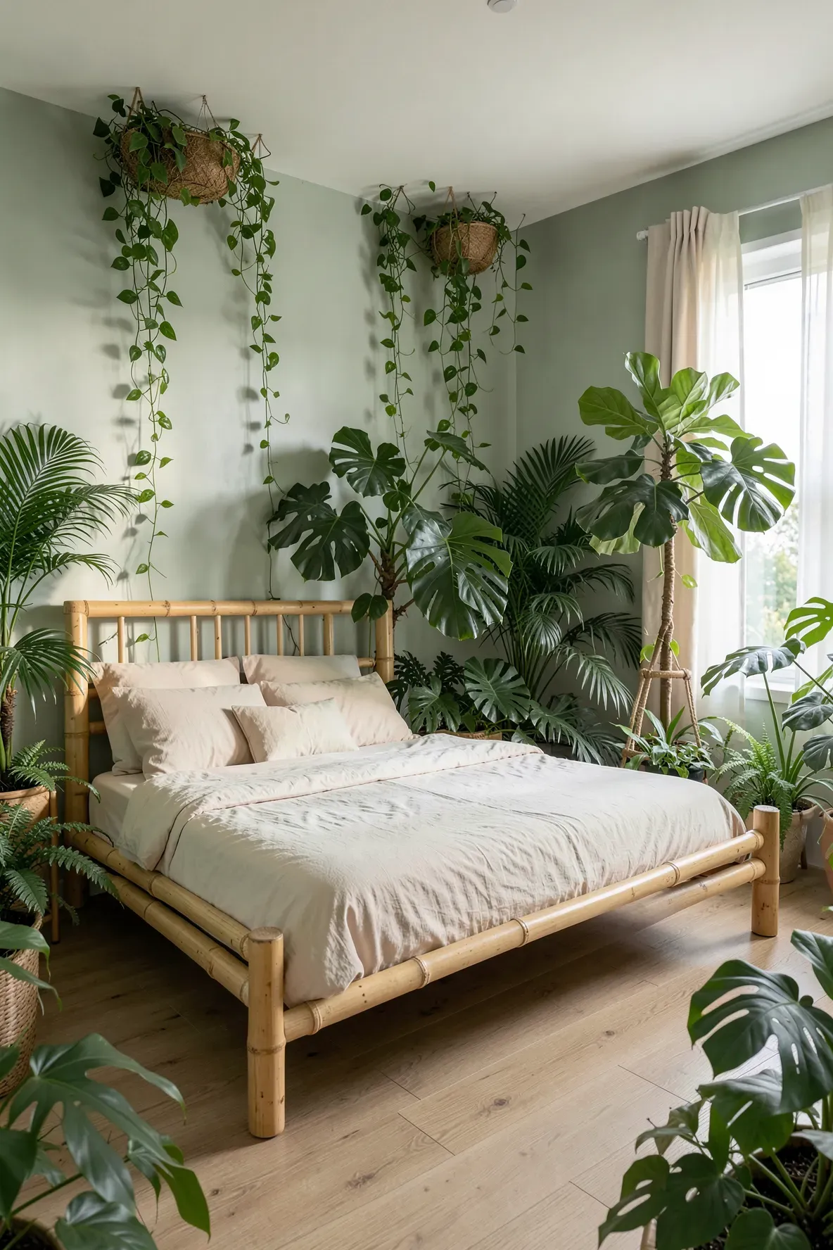 A light bamboo bed frame in a green bedroom filled with hanging and potted tropical plants.