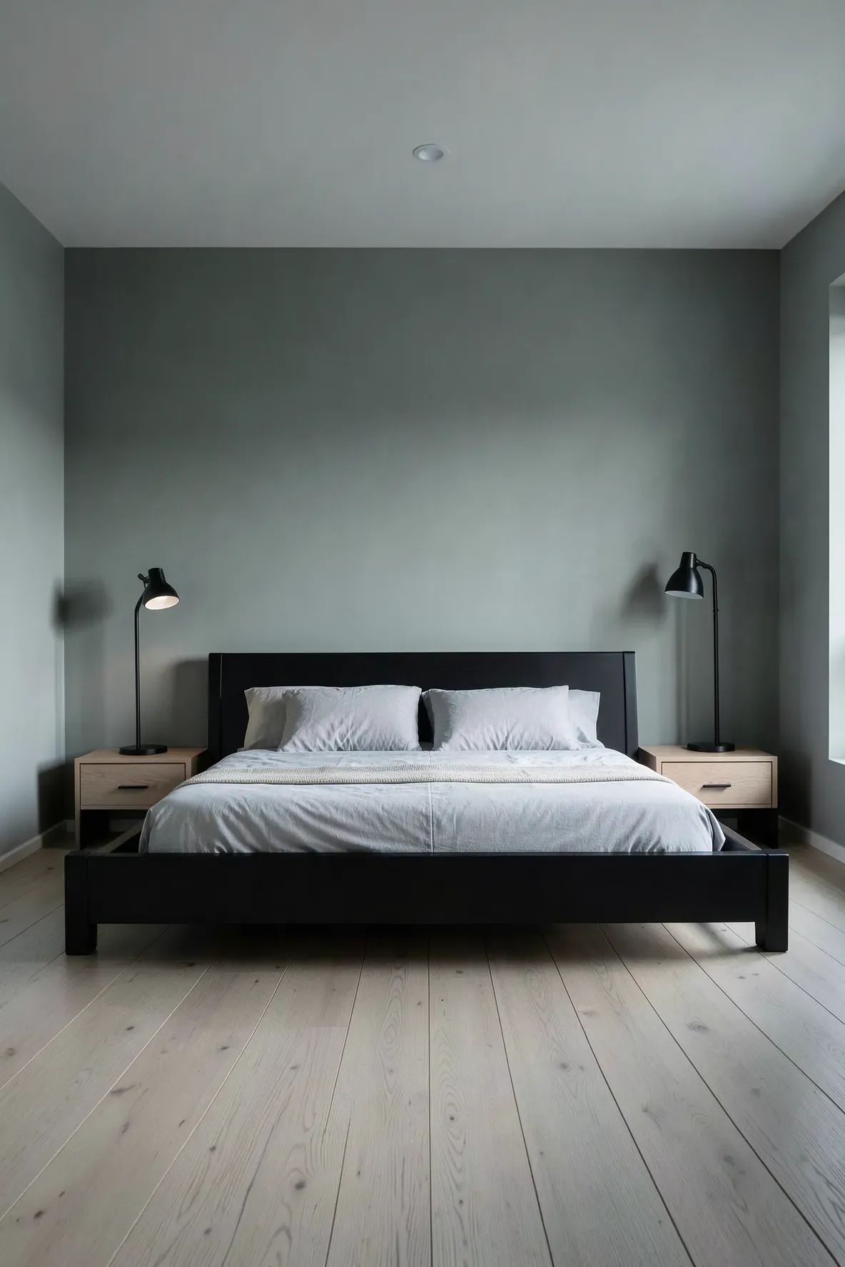 A minimalist Japandi bedroom with grey-green walls, low black furniture, and simple accents.