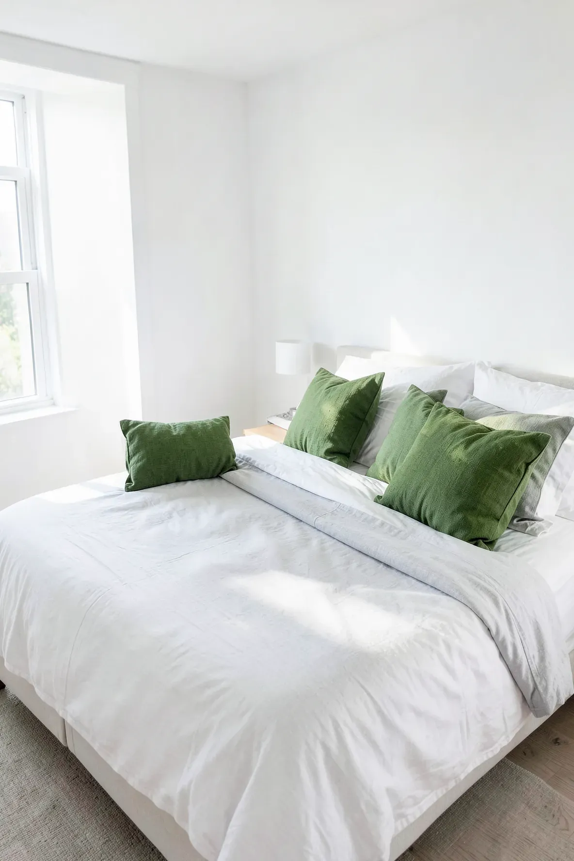 Muted artichoke green pillows on a white bed in a bright, modern minimalist bedroom.