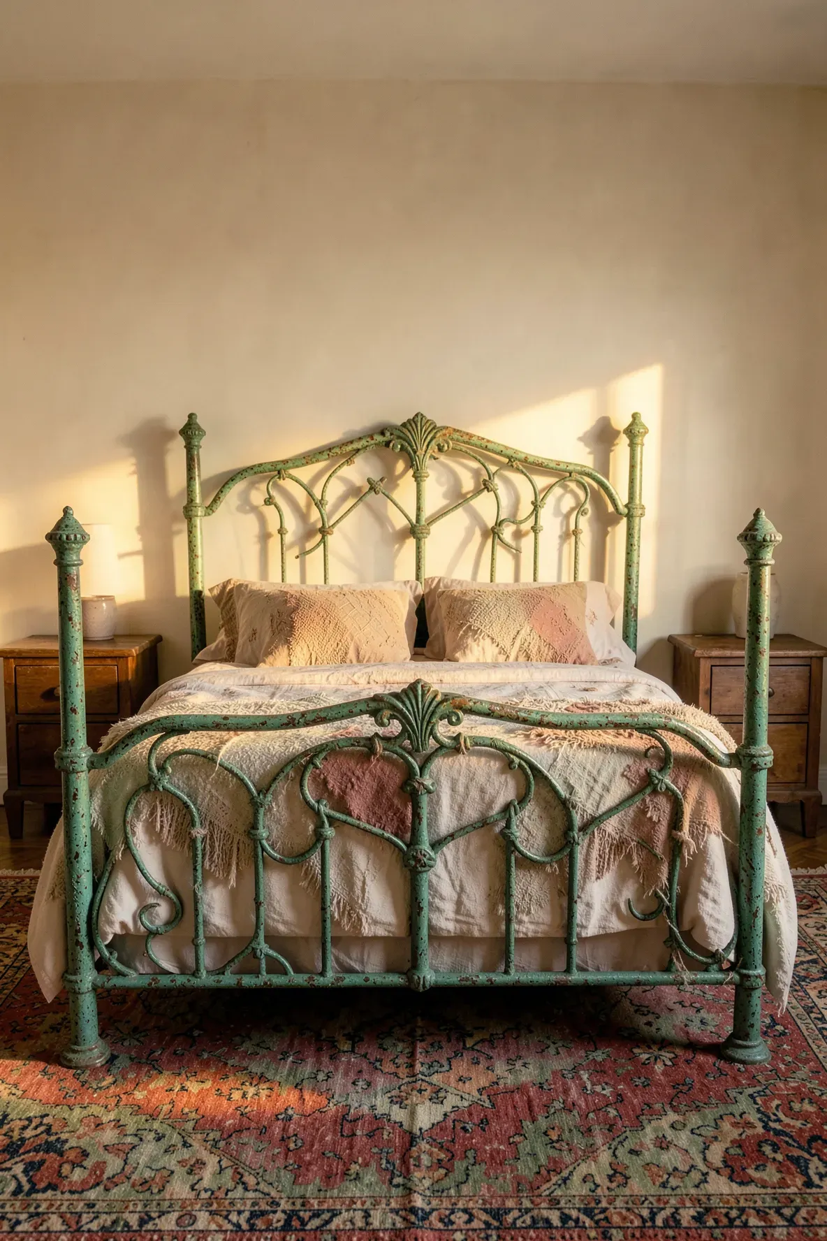 An antique metal bed with a green verdigris patina in a cozy, bohemian-style bedroom.