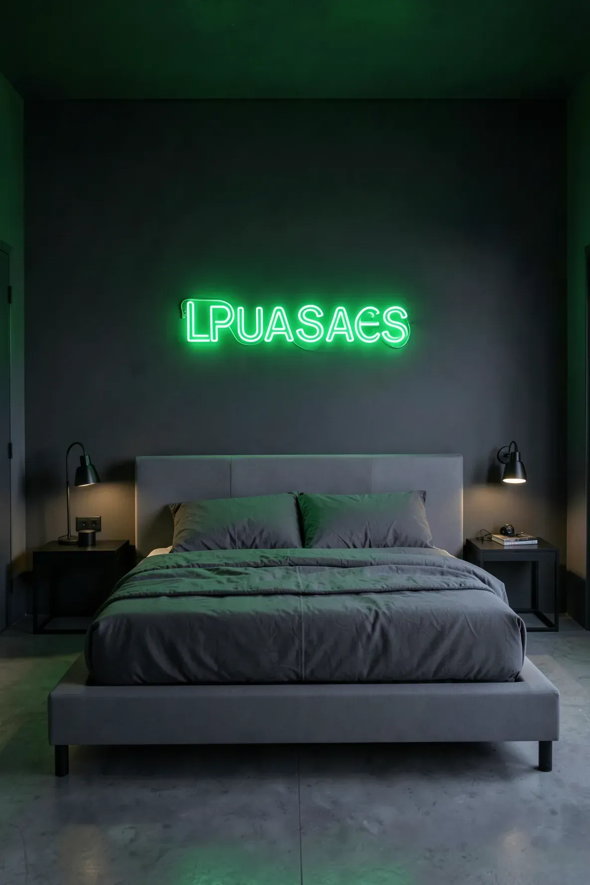 A bright neon green sign glowing on a dark wall in a modern, urban-style bedroom.