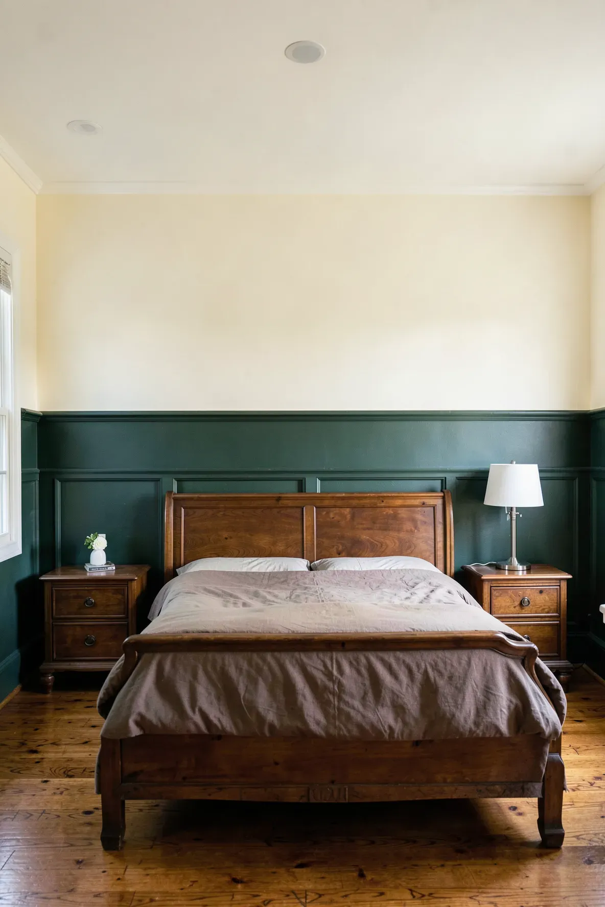 A bedroom with two-tone walls featuring dark green on the bottom and cream on top.