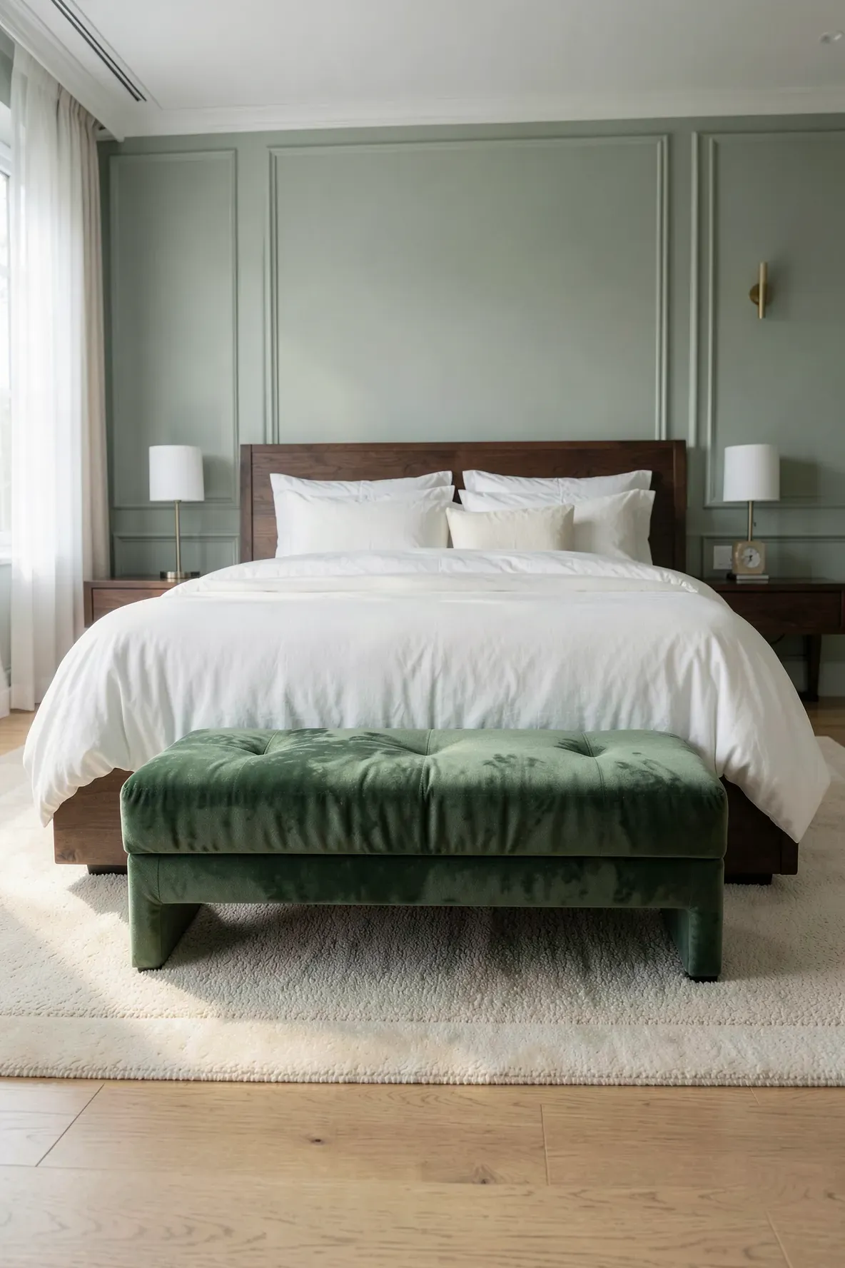 A fern green upholstered bench at the foot of a bed in a serene sage green bedroom.