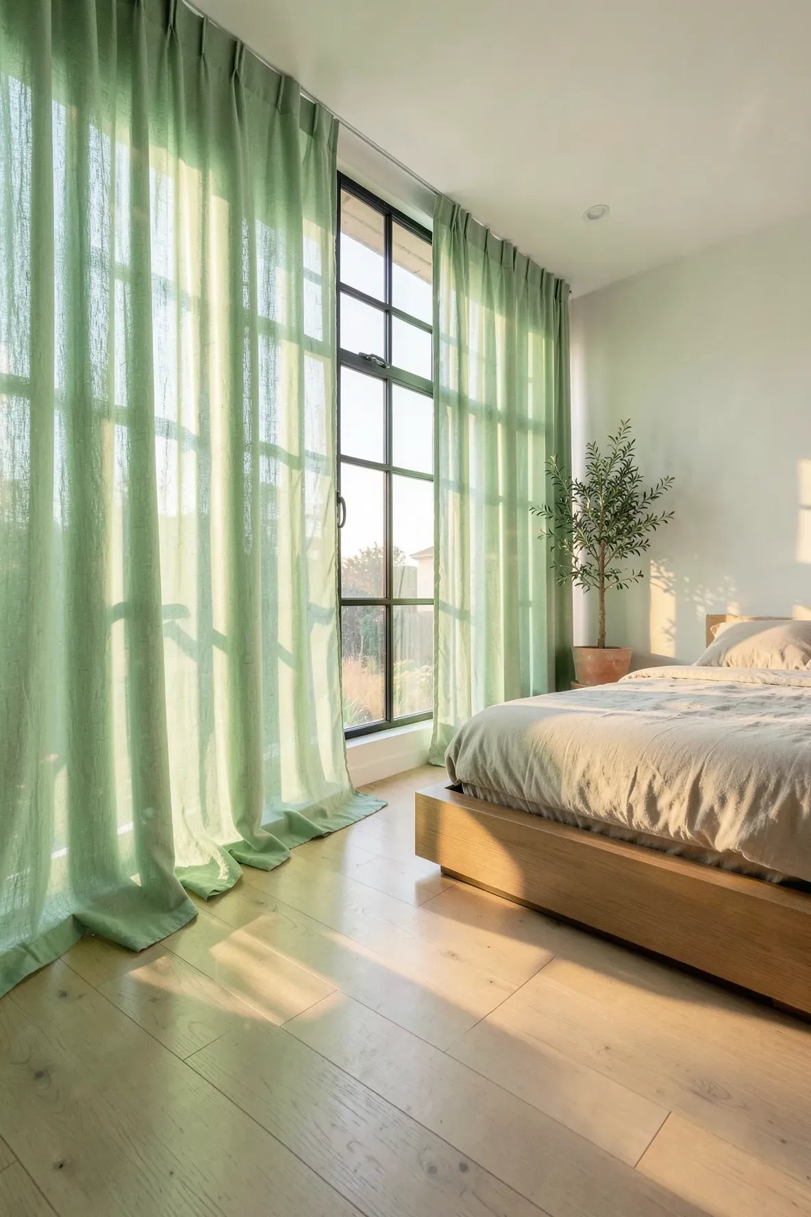 Long sheer eucalyptus green curtains pooling on the floor in a sunlit, airy bedroom.