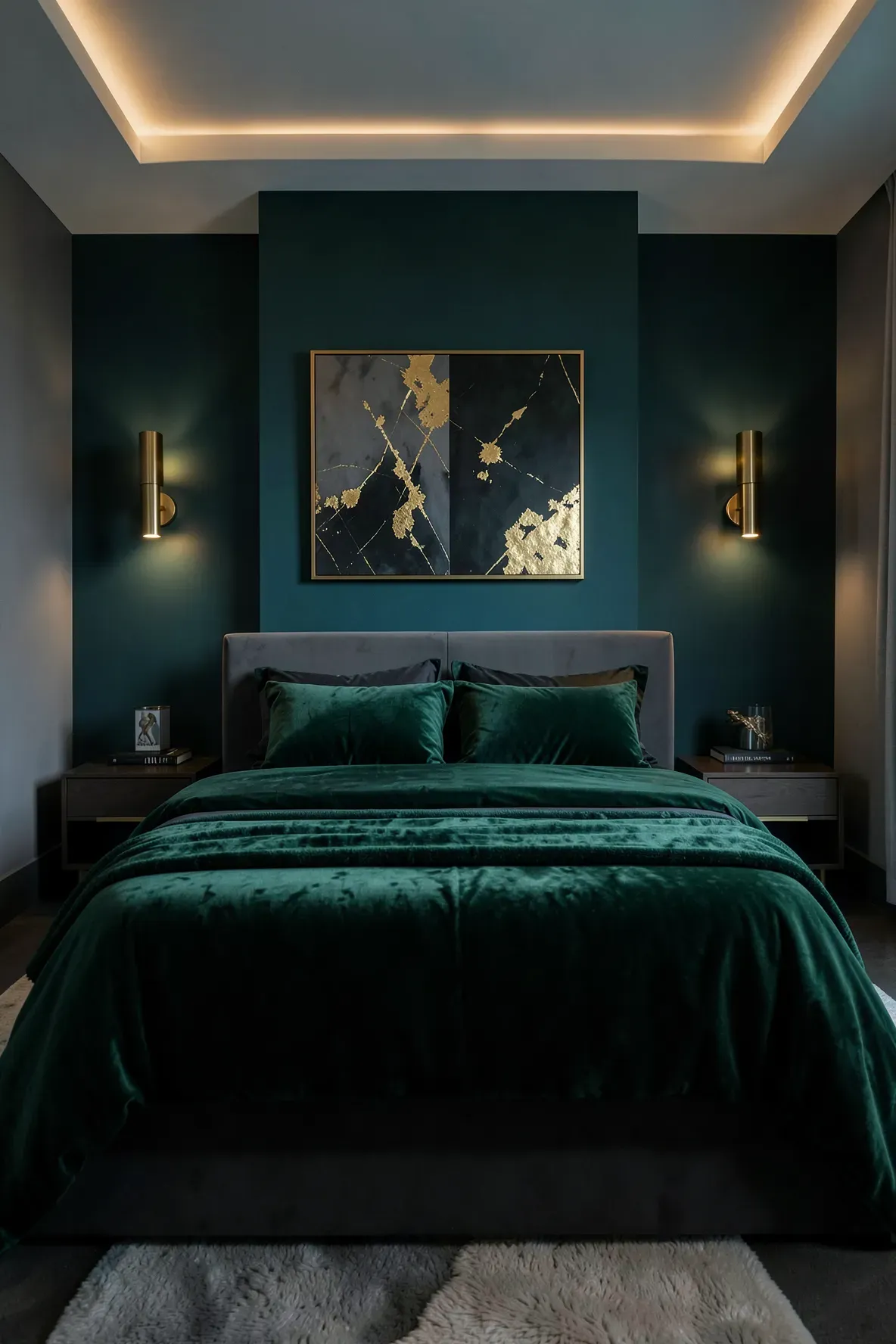 A moody bedroom with a deep teal accent wall and forest green velvet bedding.