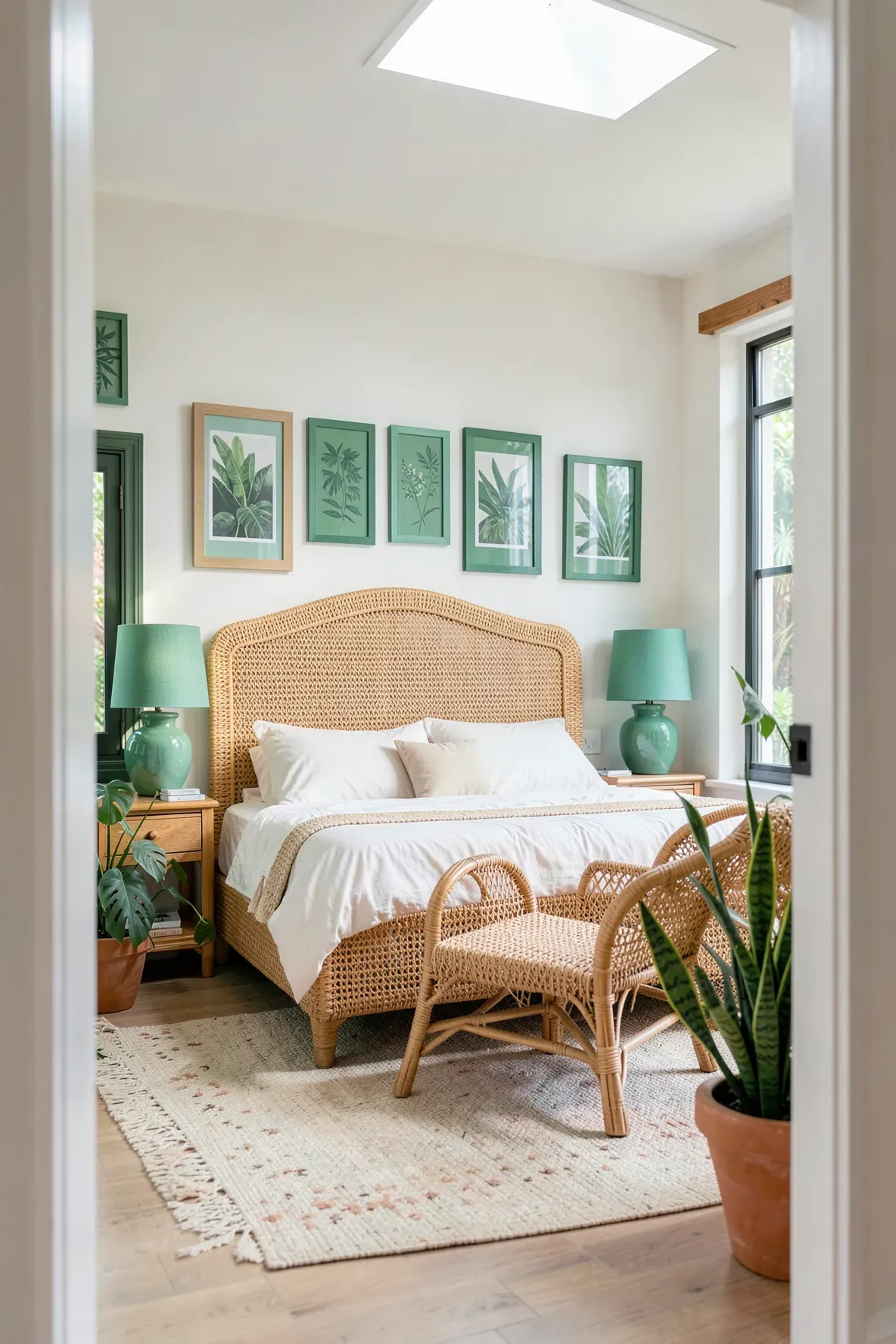 A bedroom featuring a rattan headboard and jade green lamps for a natural aesthetic.