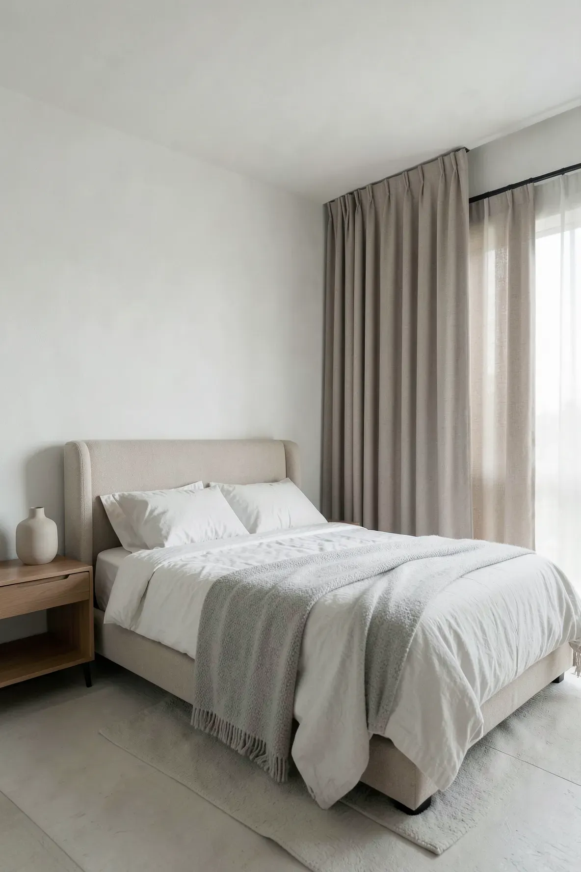 A serene bedroom interior with a neutral color palette of beige, grey, and off-white tones.
