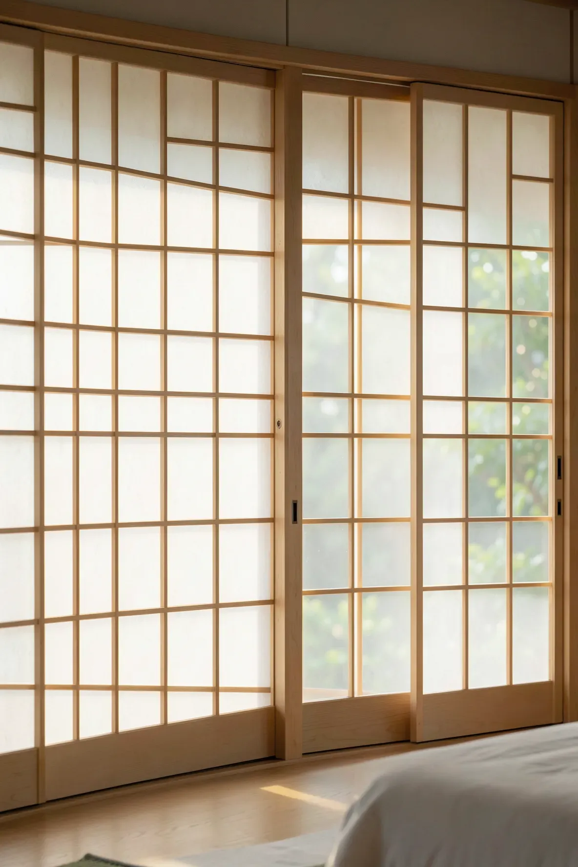 Shoji screen room dividers diffusing soft sunlight in a modern Zen-style bedroom.