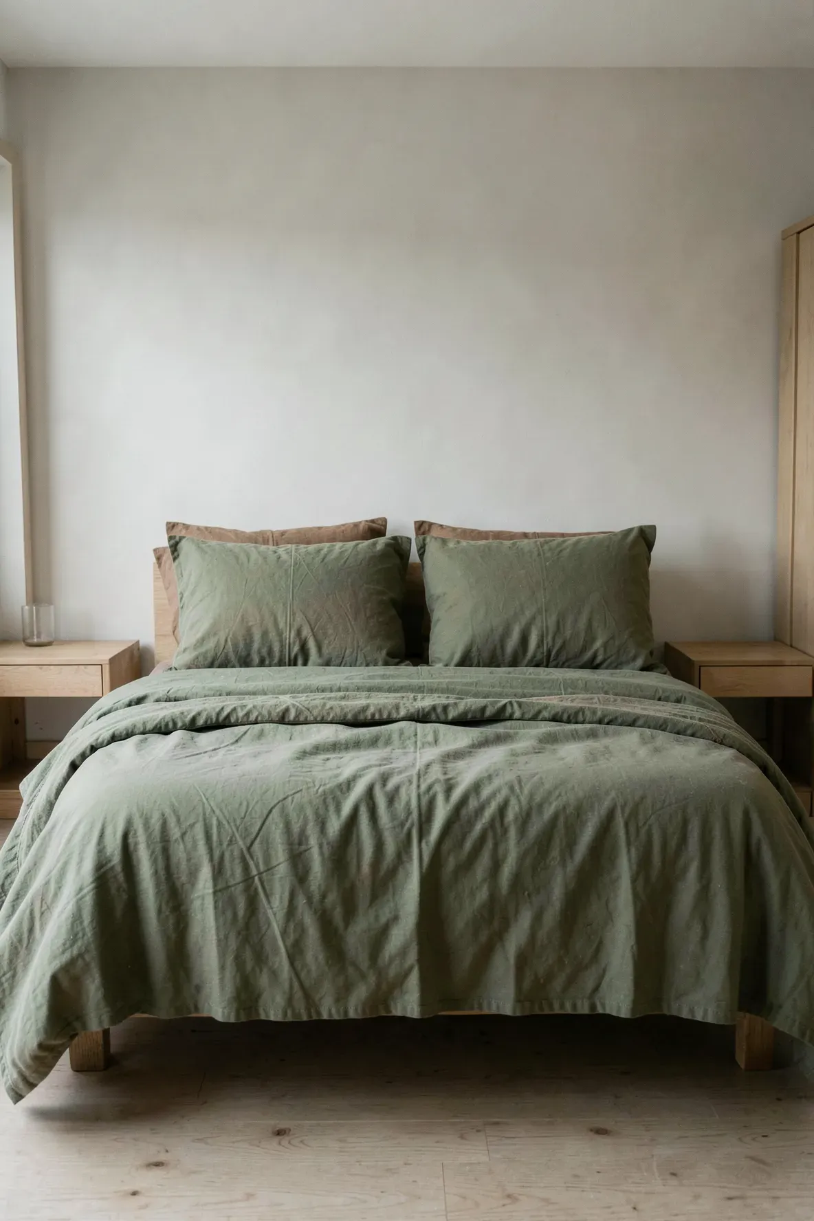 Organic cotton bed linens in earthy moss and clay tones on a bed in a Zen bedroom.