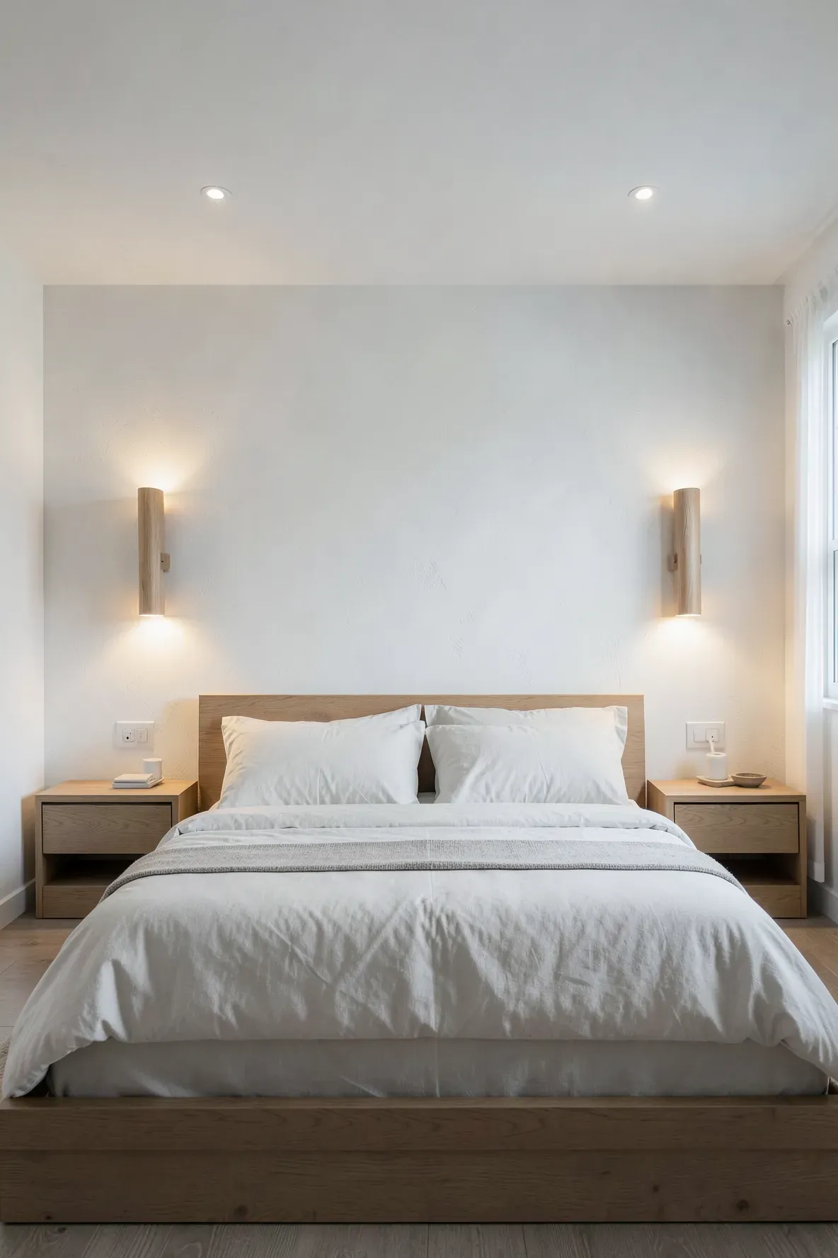 A serene bedroom featuring two minimalist wooden wall sconces emitting warm light on a white wall.