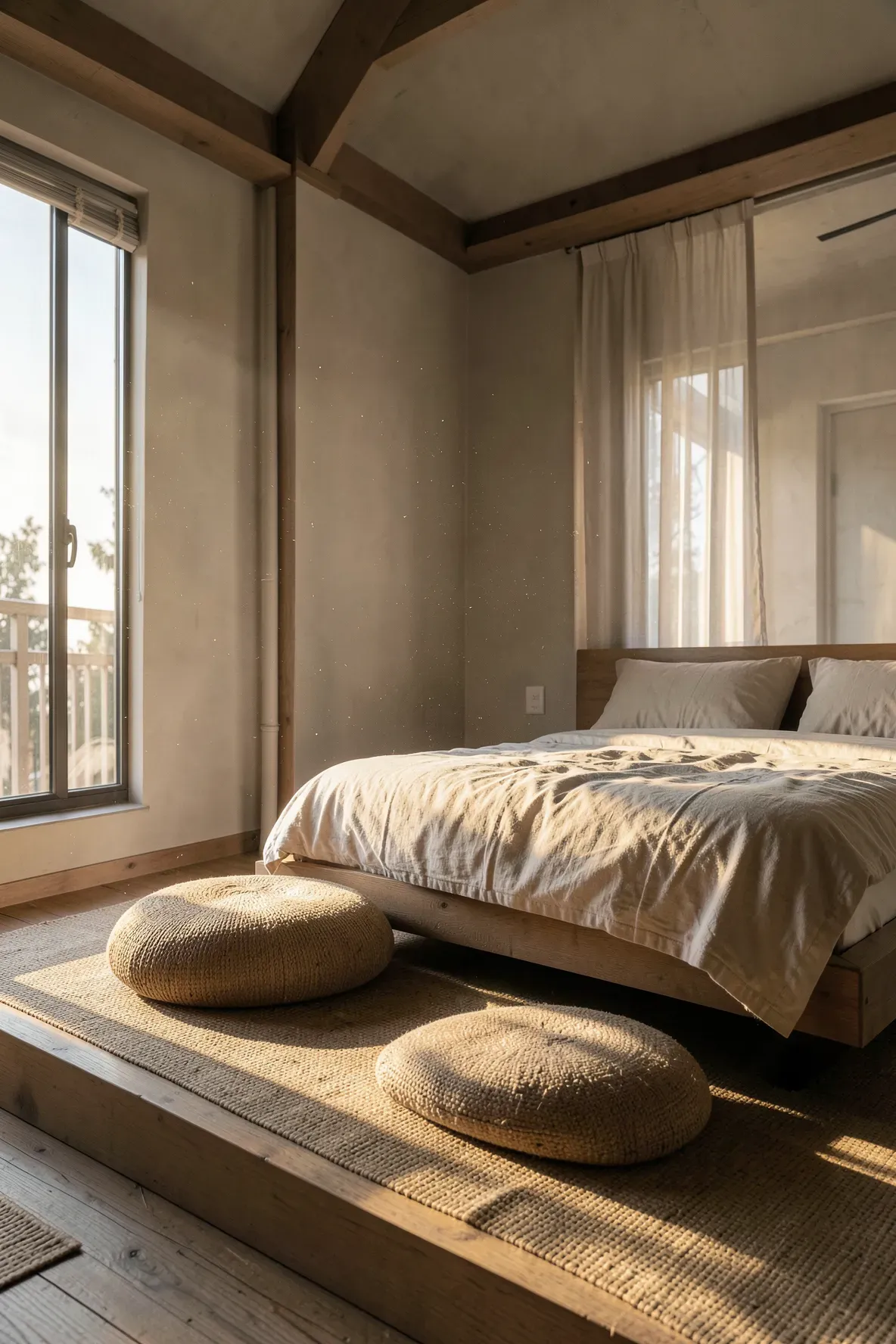 A quiet meditation corner in a bedroom with grey floor cushions and soft golden lighting.