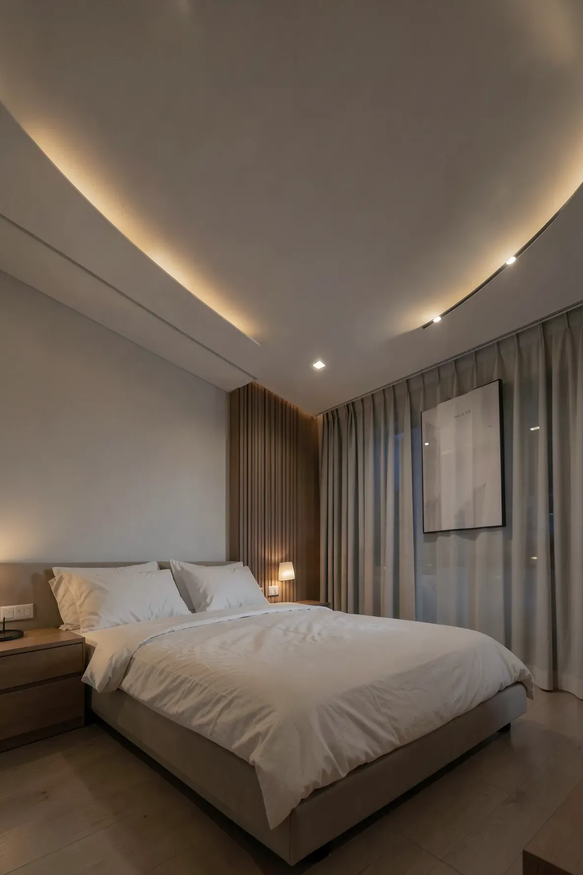 Softly dimmed recessed ceiling lights in a modern, clean-lined Zen bedroom.