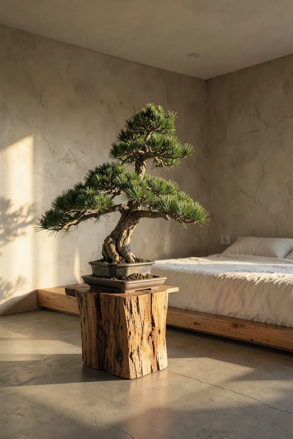 A Japanese bonsai tree on a wooden pedestal in a minimalist bedroom during golden hour.