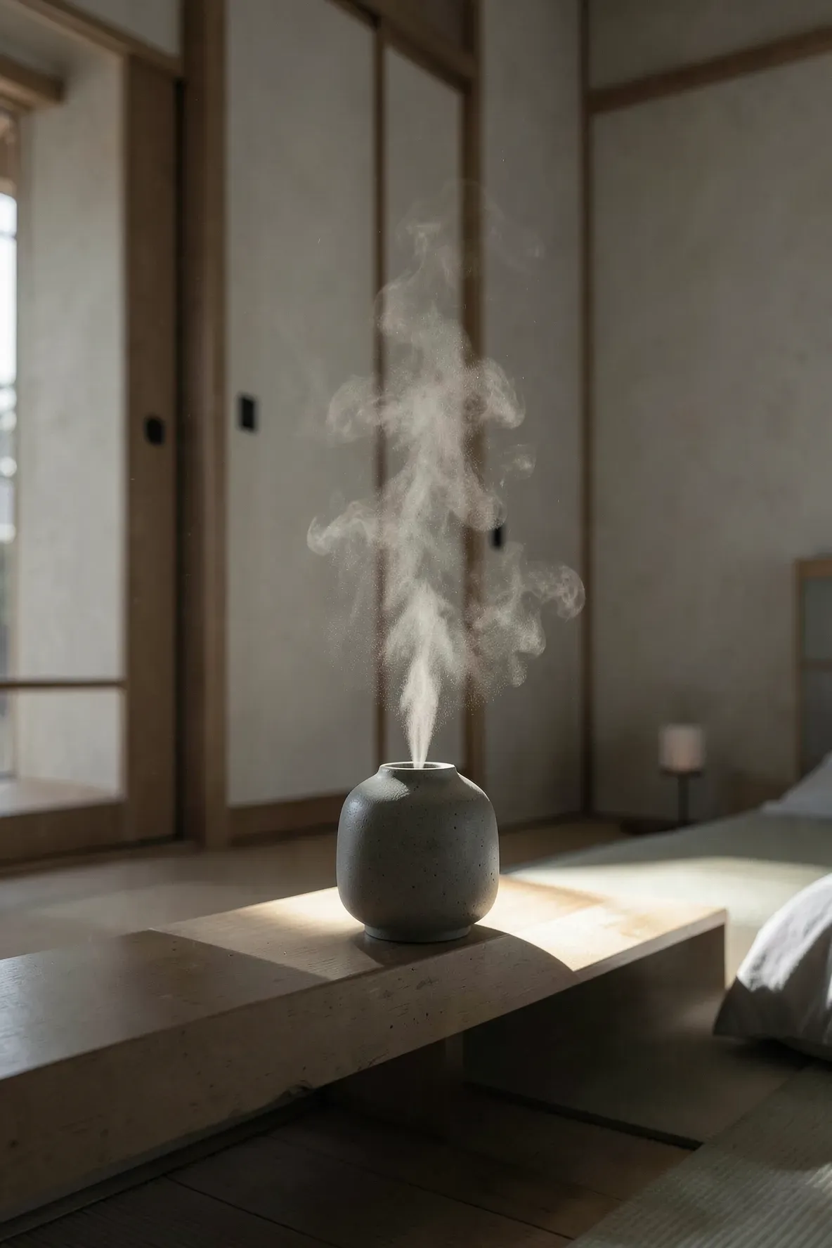 A minimalist bedroom with a ceramic oil diffuser releasing a gentle mist in soft, moody lighting.