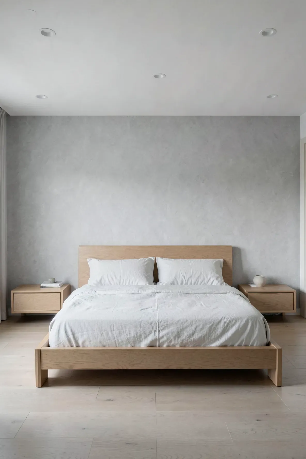 Symmetrical low-profile wooden nightstands in a modern Zen bedroom with clean horizontal lines.