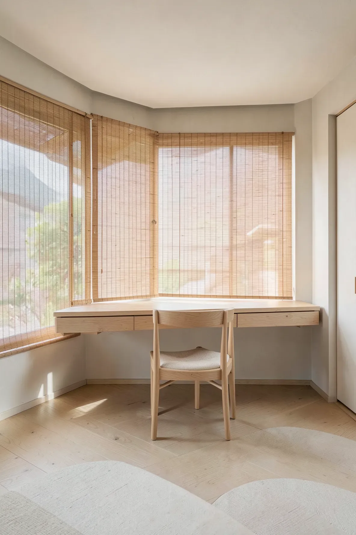 A minimalist and clean wooden desk area within a spacious, sunlit Zen-style bedroom.
