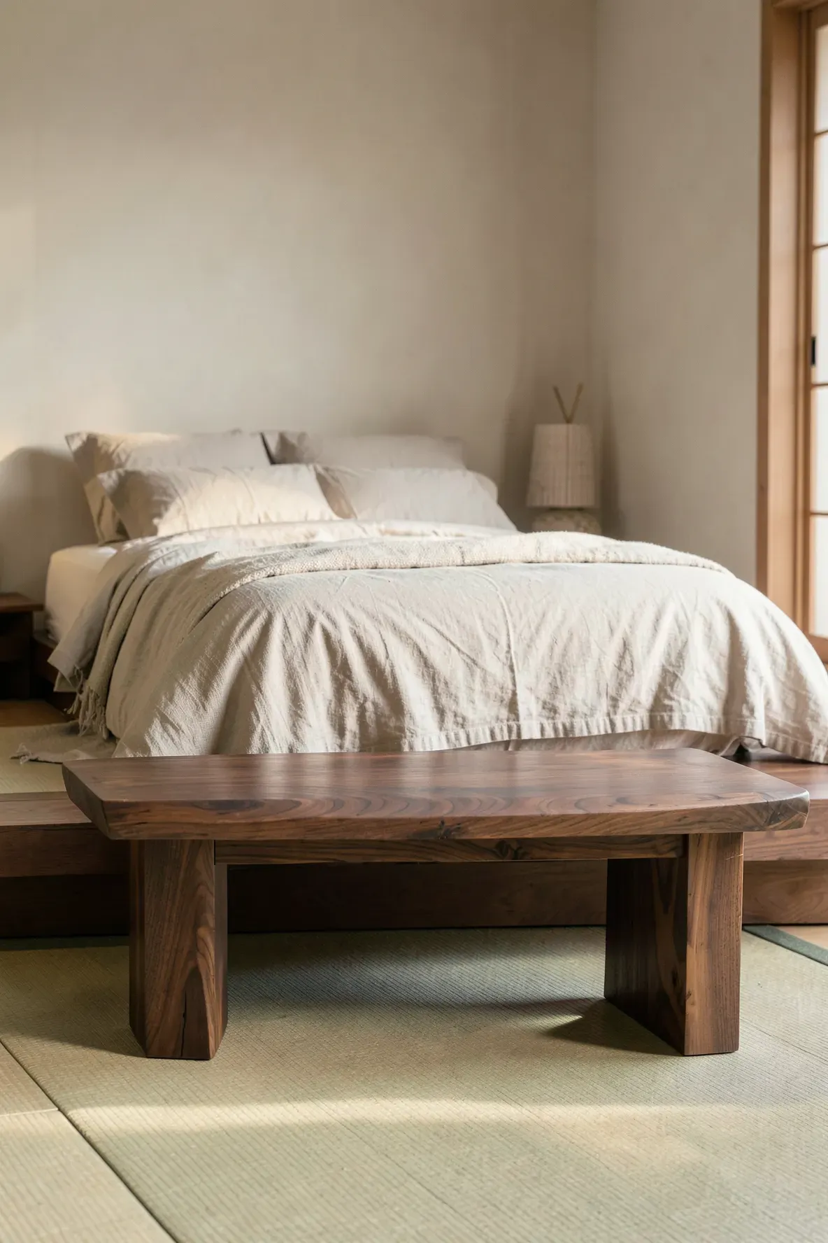 A solid dark wood bench at the foot of a platform bed in a minimalist Zen bedroom.