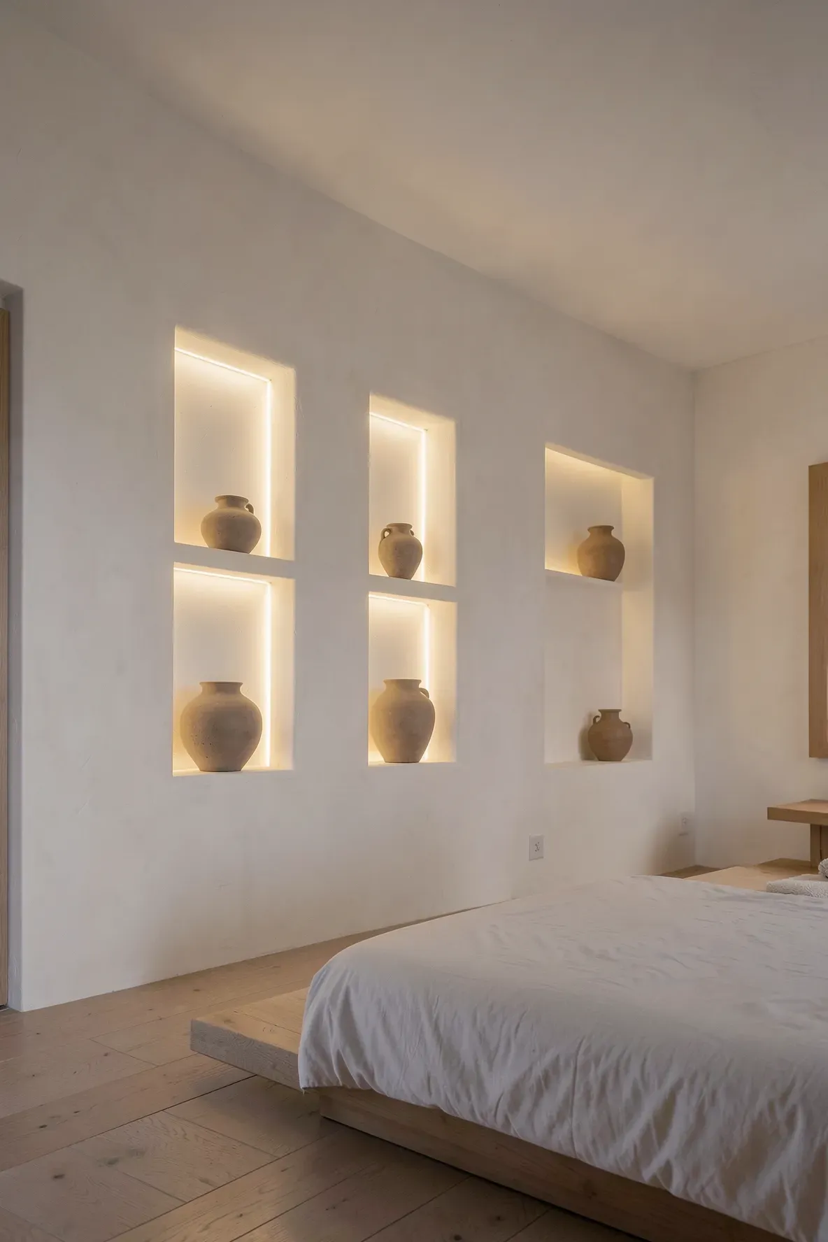 Recessed wall niches with minimalist ceramic vases in a modern, tranquil Zen bedroom.